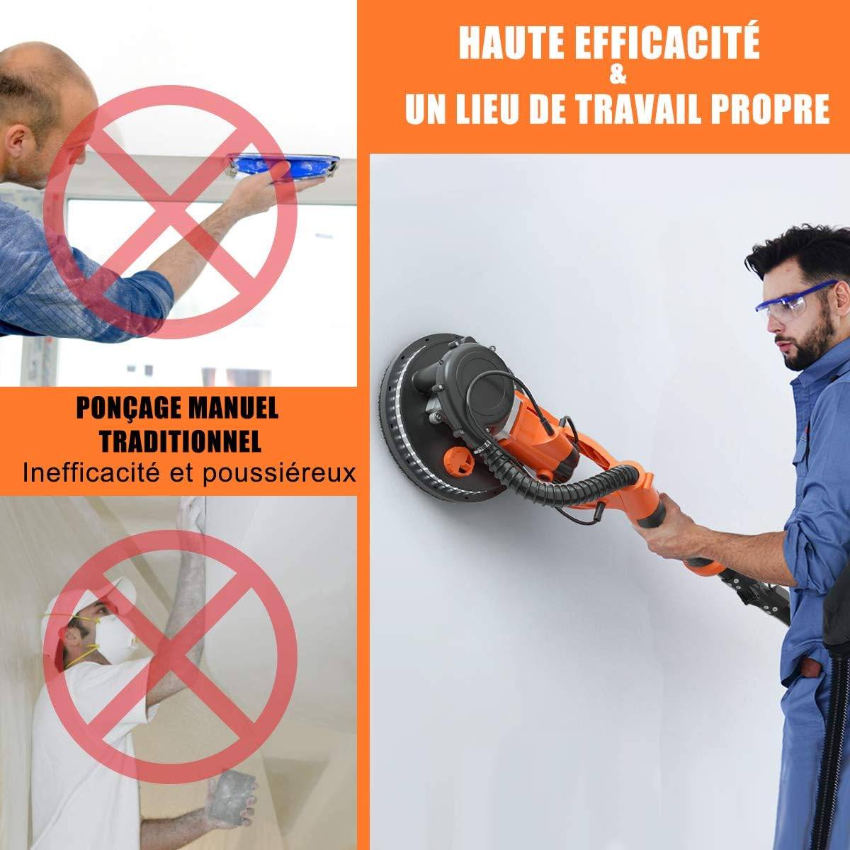 Ponceuse Girafe Murale 750W Ø 225 mm Ponceuse Mur et Plafond avec Système d'Aspiration Automatique, 6 Vitesses Variables Lumières LED - Imagen 6