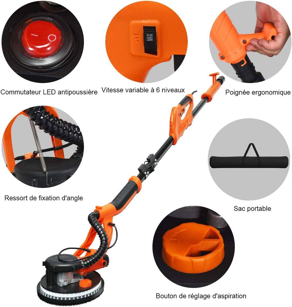 Ponceuse Girafe Murale 750W Ø 225 mm Ponceuse Mur et Plafond avec Système d'Aspiration Automatique, 6 Vitesses Variables Lumières LED - Imagen 3