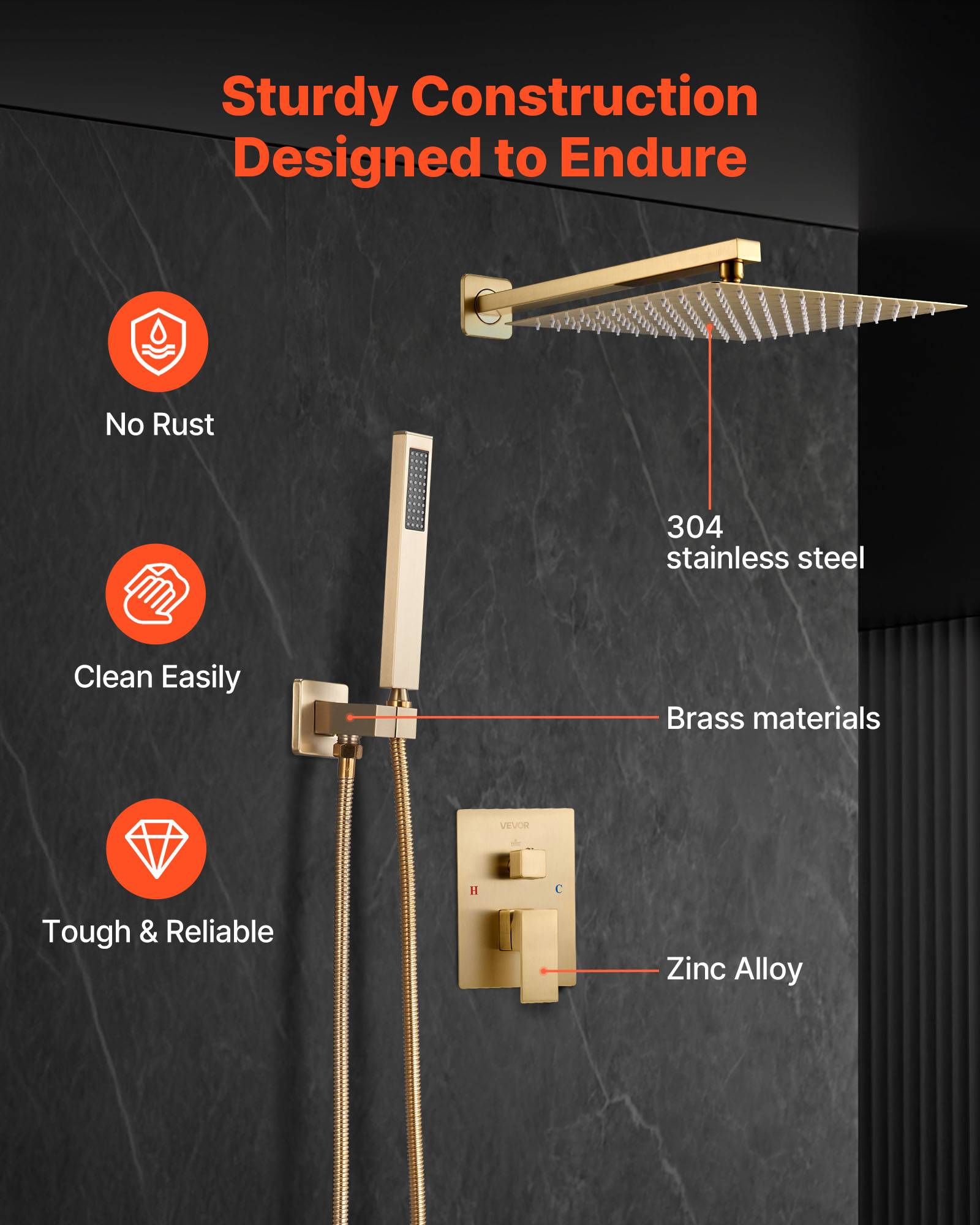 Vevor - VEVOR Kit de Douche avec Douchette de Tête Carrée 25,4 cm et à Main Or Brossé - Image 6