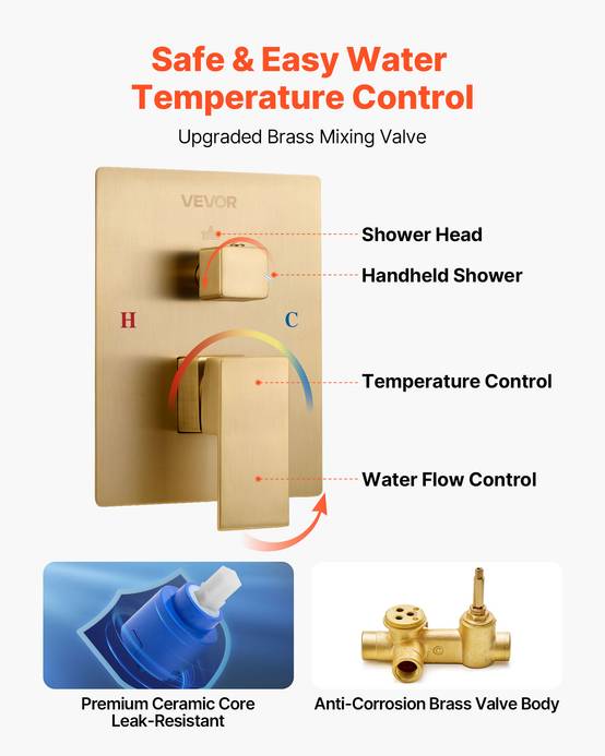 Vevor - VEVOR Kit de Douche avec Douchette de Tête Carrée 25,4 cm et à Main Or Brossé - Image 5