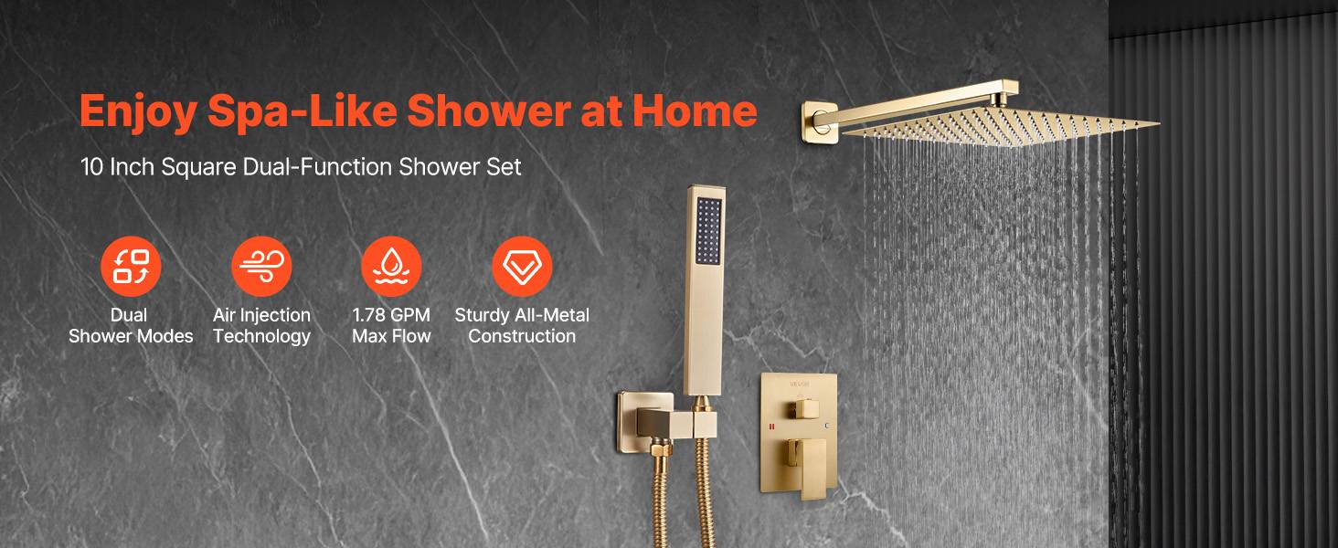 Vevor - VEVOR Kit de Douche avec Douchette de Tête Carrée 25,4 cm et à Main Or Brossé - Image 9