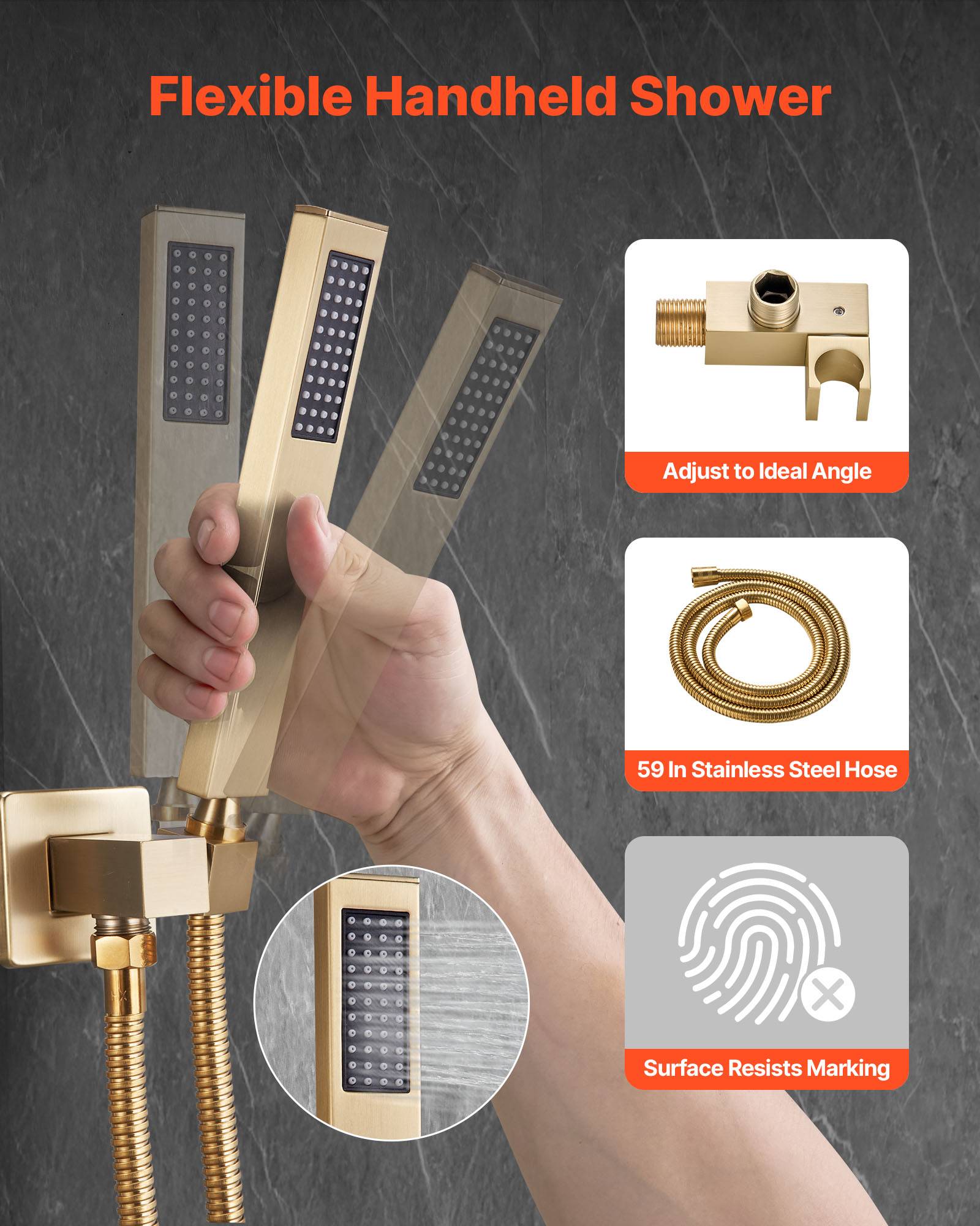 Vevor - VEVOR Kit de Douche avec Douchette de Tête Carrée 25,4 cm et à Main Or Brossé - Image 3