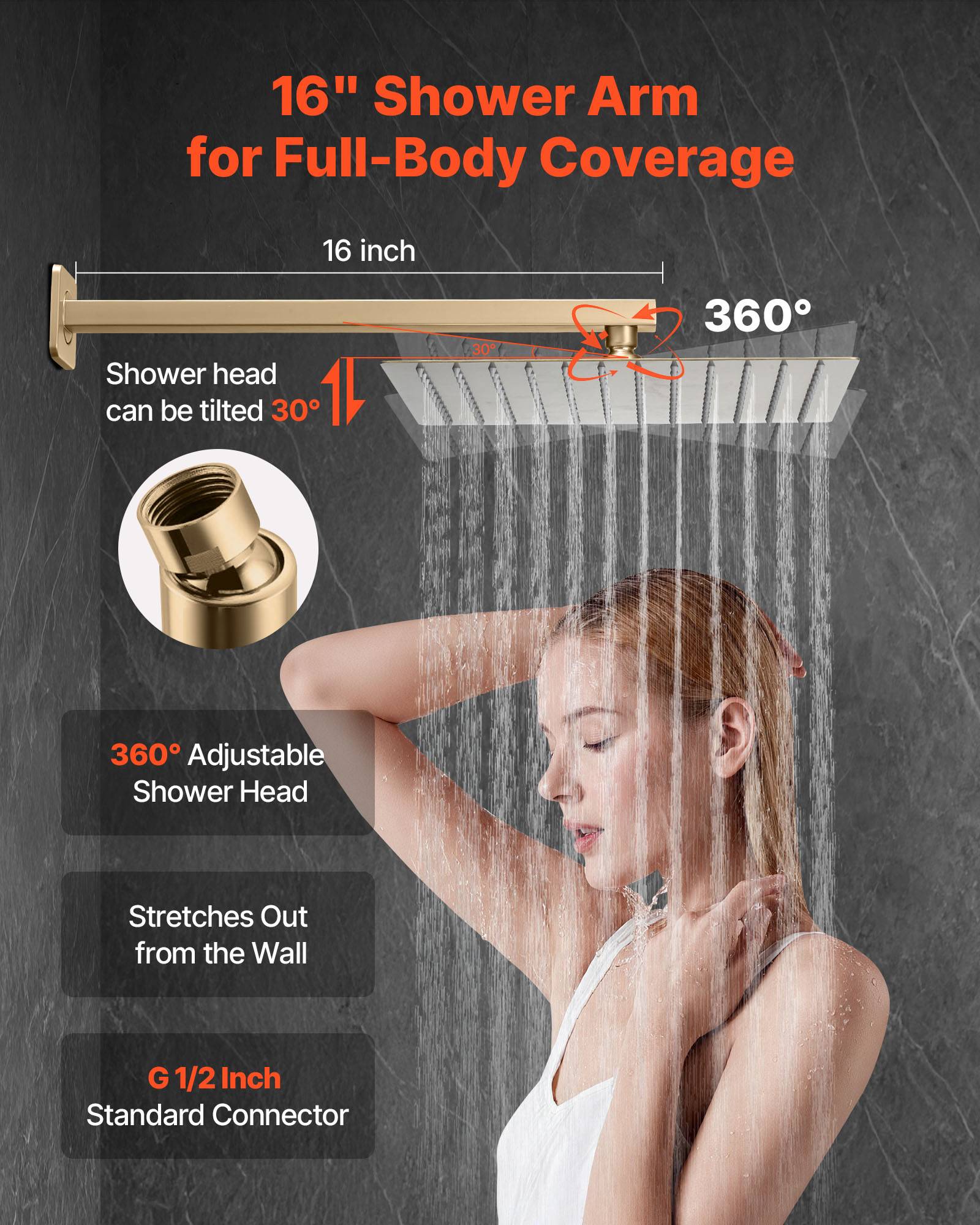 Vevor - VEVOR Kit de Douche avec Douchette de Tête Carrée 25,4 cm et à Main Or Brossé - Image 4