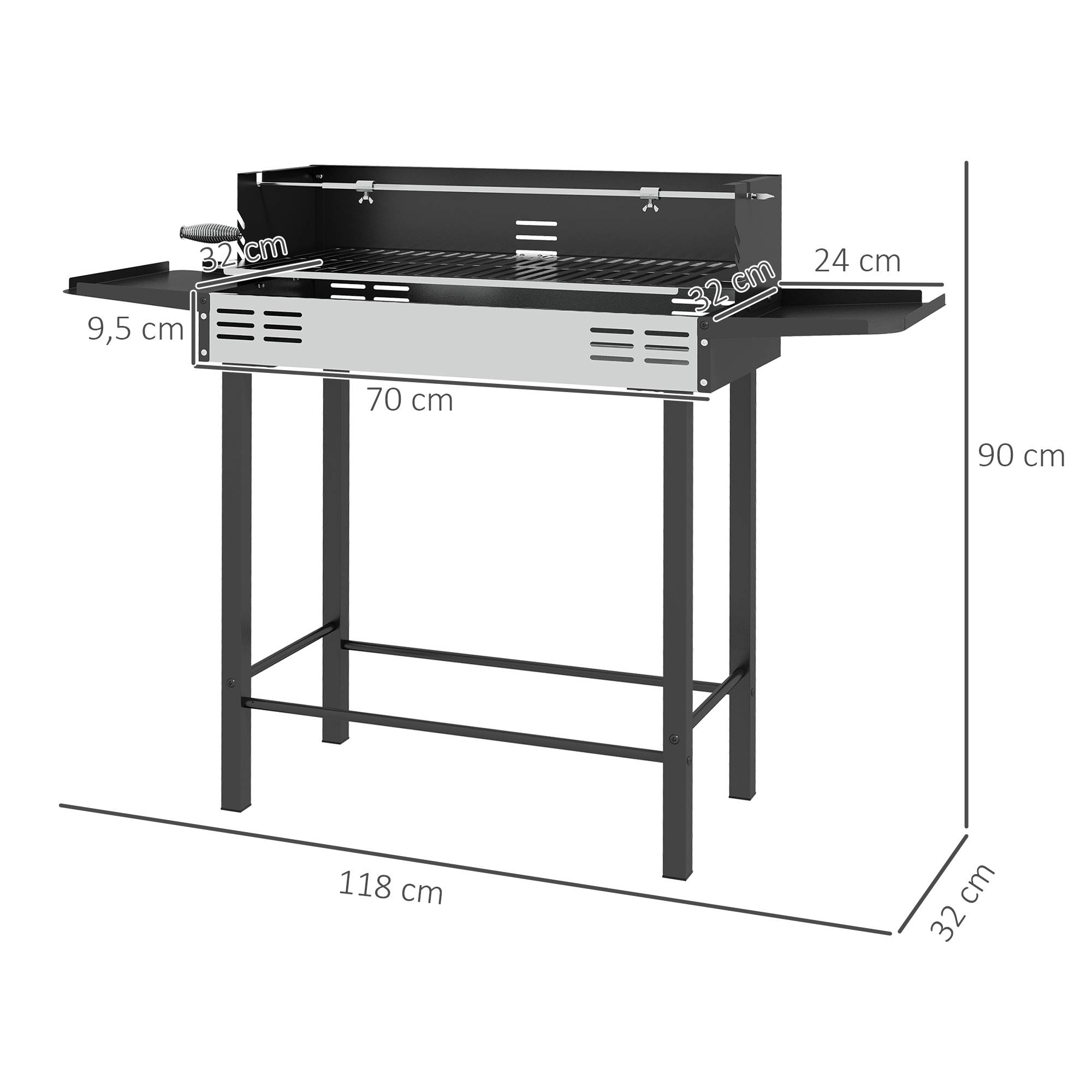 Barbecue charbon de bois BBQ avec grille de gril à 3 niveaux et étagères latérales pliables, 118 x 32 x 90 cm, noir - Image 5