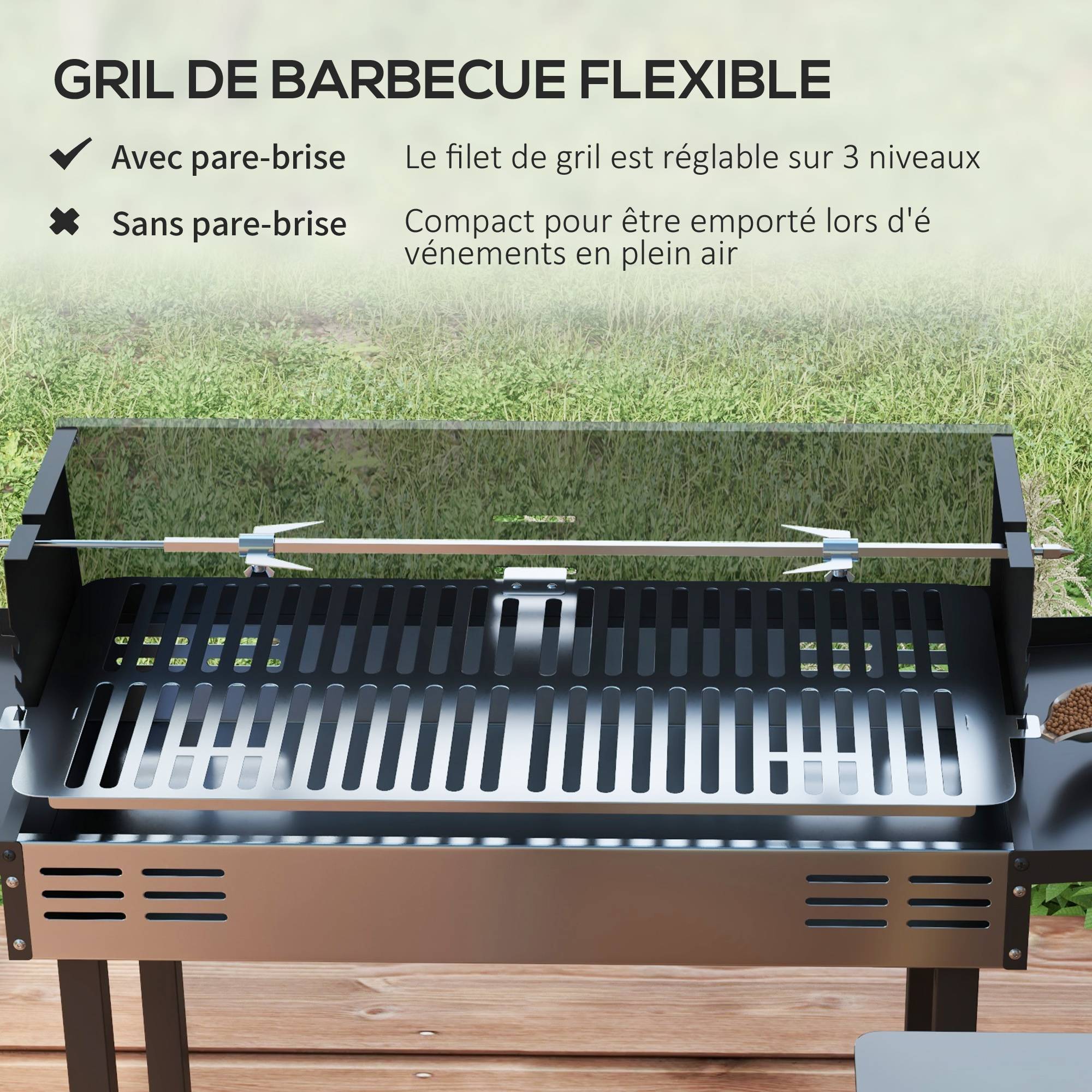 Barbecue charbon de bois BBQ avec grille de gril à 3 niveaux et étagères latérales pliables, 118 x 32 x 90 cm, noir - Image 7