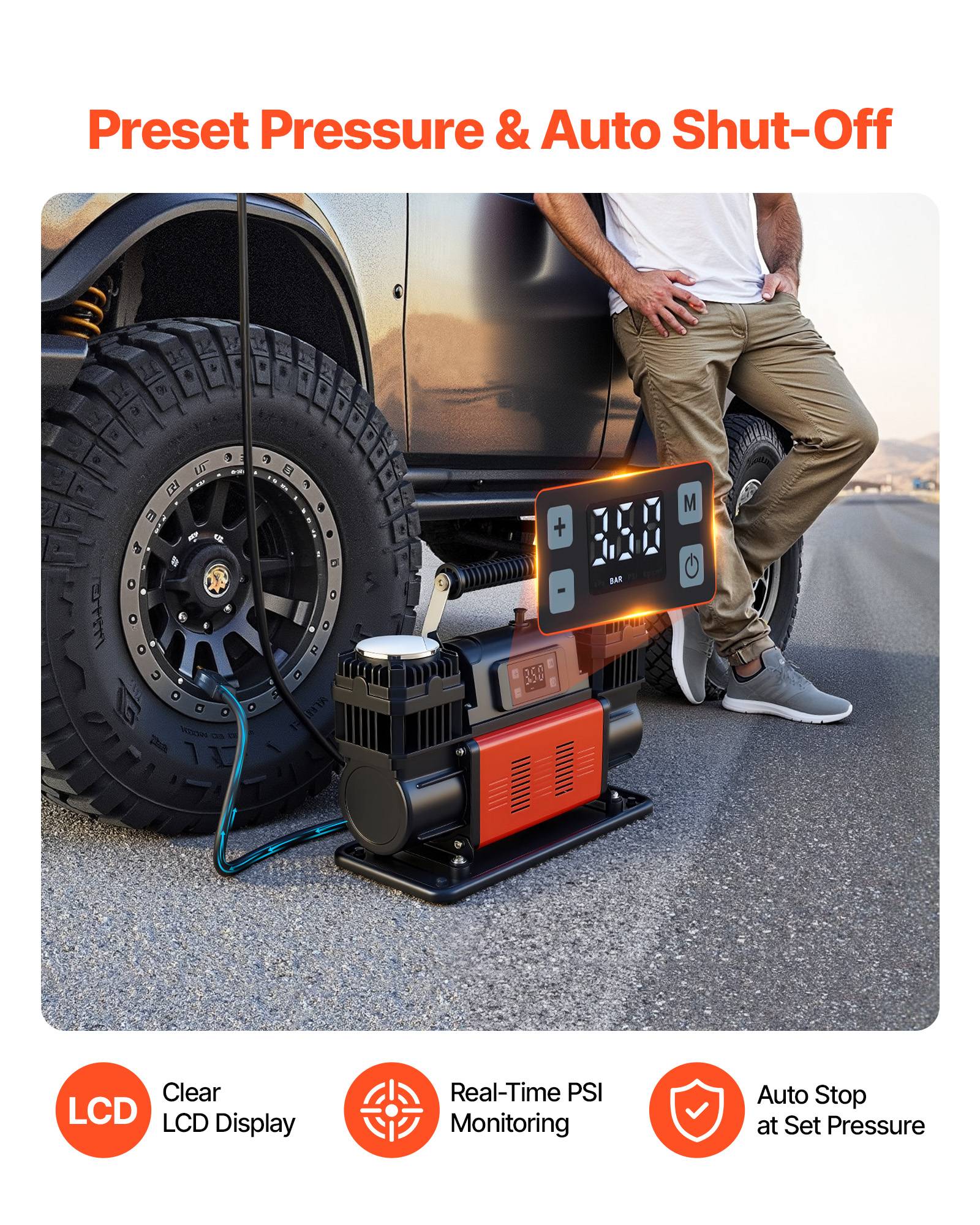 Vevor - VEVOR Compresseur 12 V double cylindre 300 L/min 1080 W, arrêt auto avec écran LCD, pompe portative pour voitures, SUV, camions et camping-cars - Image 3