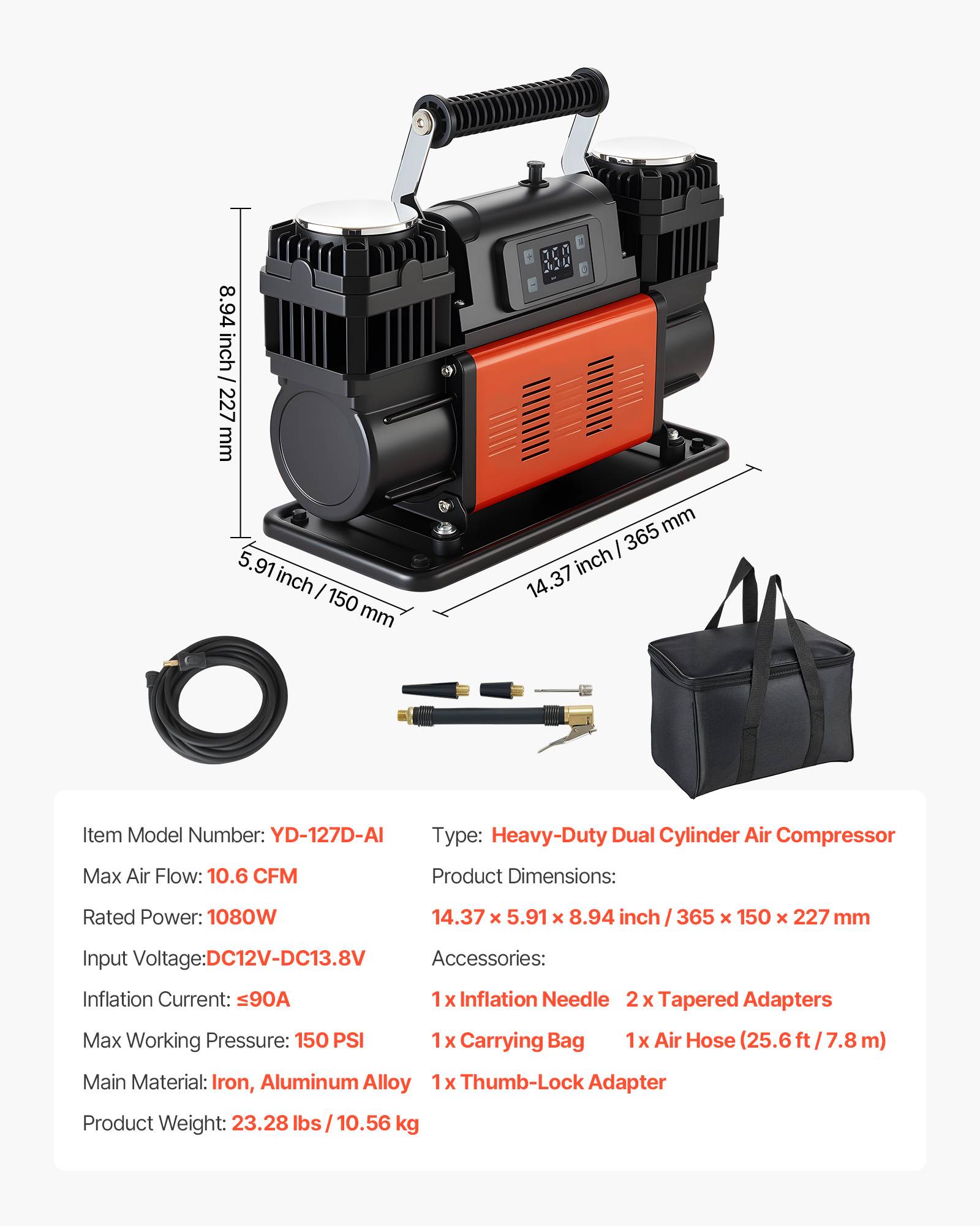 Vevor - VEVOR Compresseur 12 V double cylindre 300 L/min 1080 W, arrêt auto avec écran LCD, pompe portative pour voitures, SUV, camions et camping-cars - Image 6