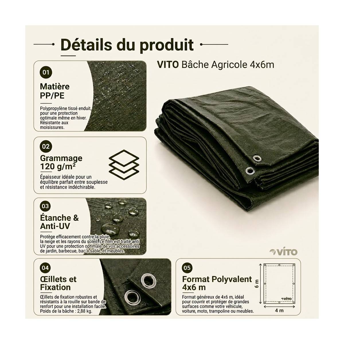 Vito - Bâche de protection 4 x 6 m Verte Etanche Protection Anti UV VITO - Imagen 3