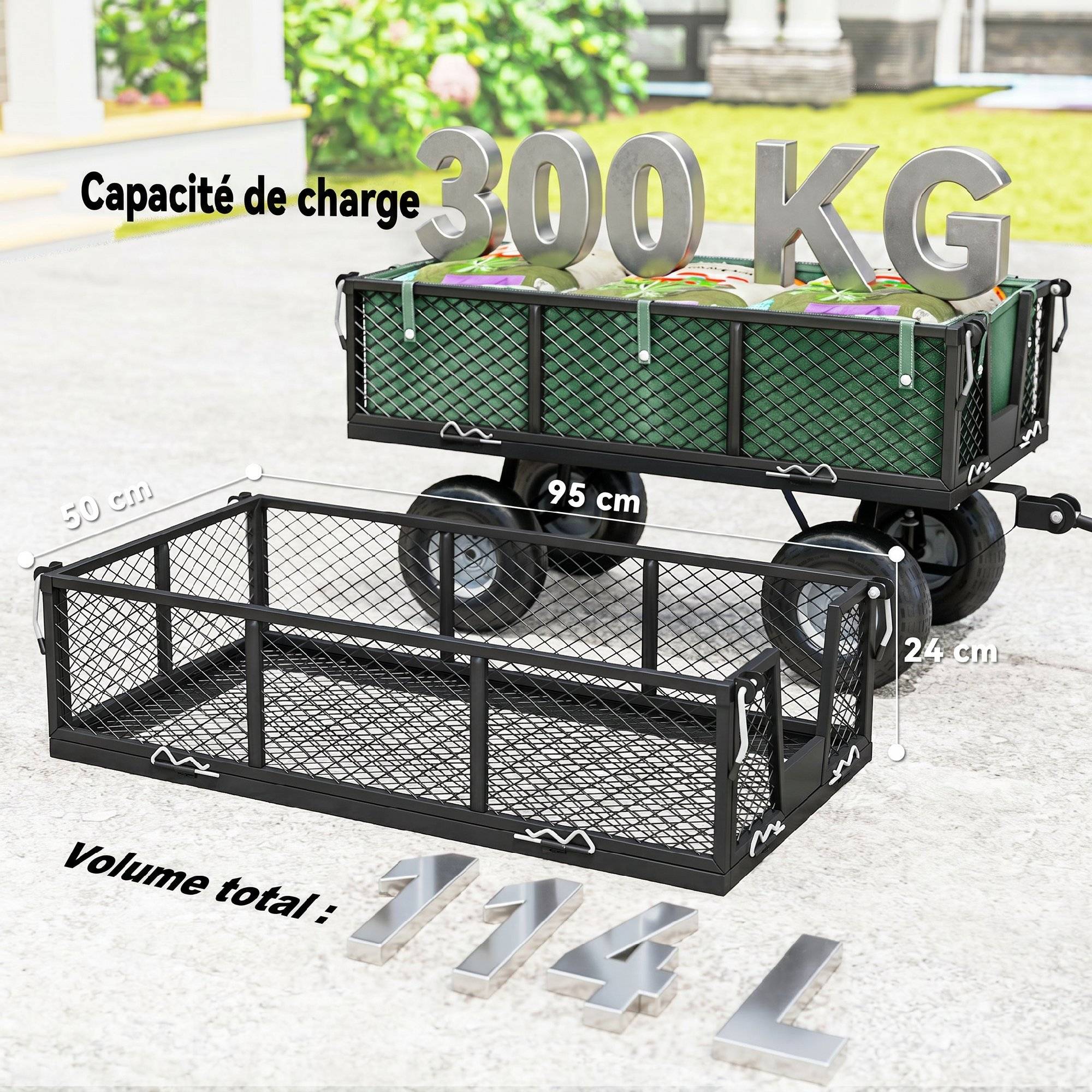 ComfortXL - Chariot de jardin en acier vert 105 x 51 x 54 cm pour travaux extérieurs charge 300 kg avec bâche amovible - Image 7