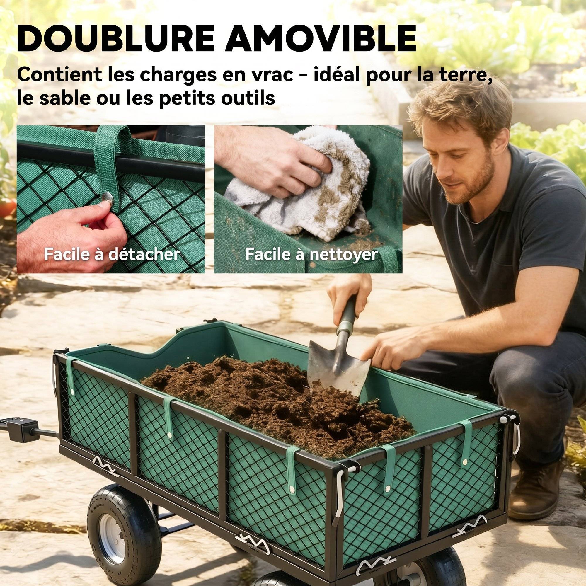 ComfortXL - Chariot de jardin en acier vert 105 x 51 x 54 cm pour travaux extérieurs charge 300 kg avec bâche amovible - Image 5