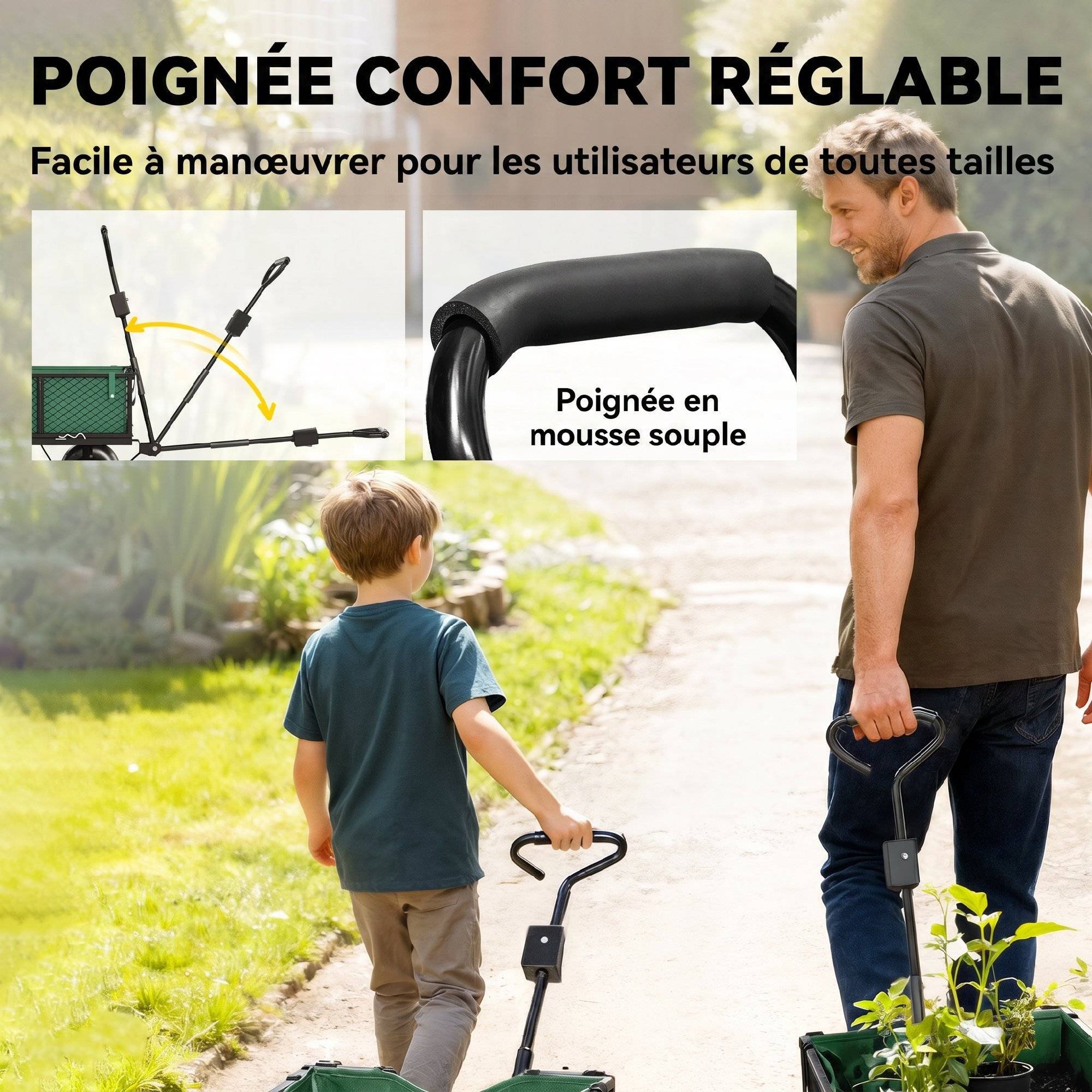 ComfortXL - Chariot de jardin en acier vert 105 x 51 x 54 cm pour travaux extérieurs charge 300 kg avec bâche amovible - Image 6