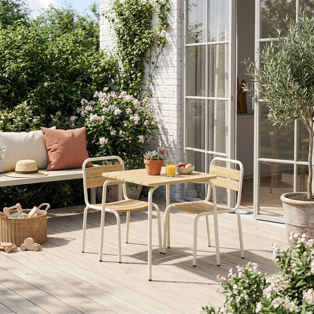 sweeek - Table de jardin enfant acier et décor bois + 2 assises beige - Suzie | sweeek - Image 1