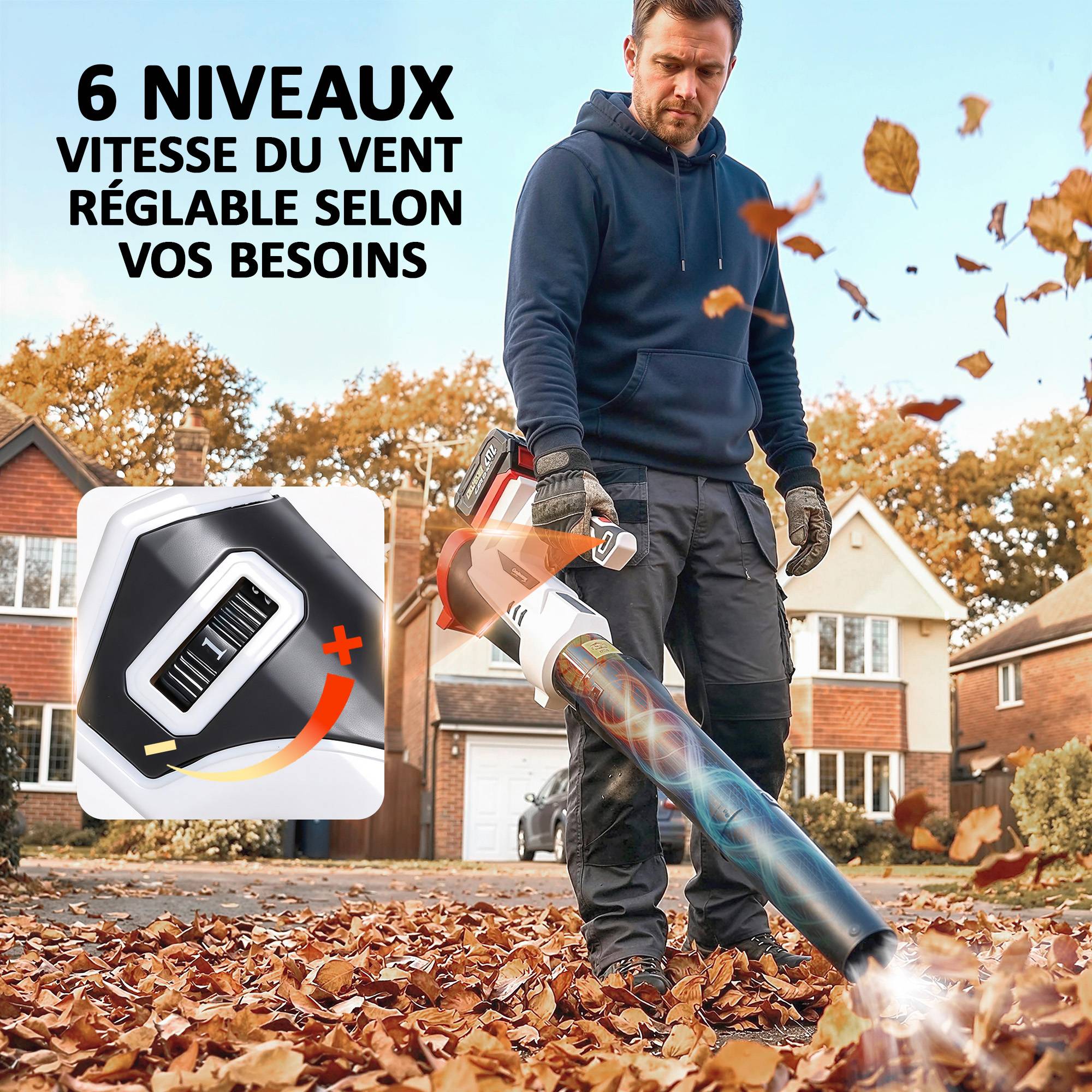 Souffleur de Feuilles sans Fil 250 W avec Batterie 4000mAh et Chargeur, 6 Vitesses, 149 km/h, Blanc - Image 8