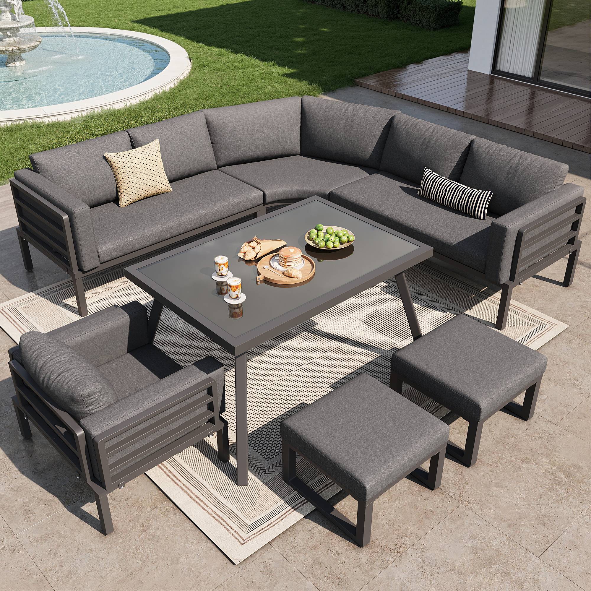 Salon de Jardin 8 Places Acier Gris Terrasse Modulable Coussins 8cm - ComfortXL Outdoor Living