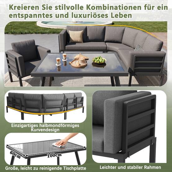 ComfortXL - Salon de Jardin 8 Places Acier Gris Terrasse Modulable Coussins 8cm - ComfortXL Outdoor Living - Image 4