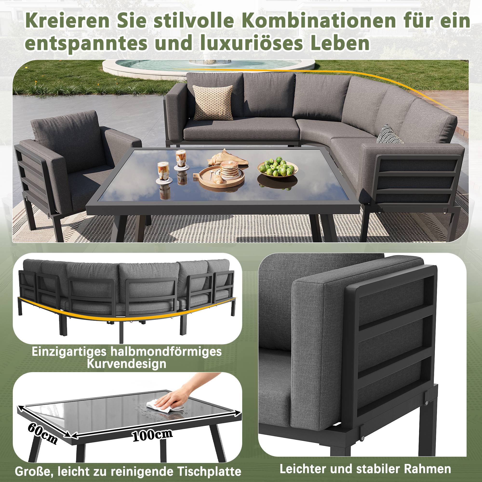 ComfortXL - Salon de Jardin 8 Places Acier Gris Terrasse Modulable Coussins 8cm - ComfortXL Outdoor Living - Image 4