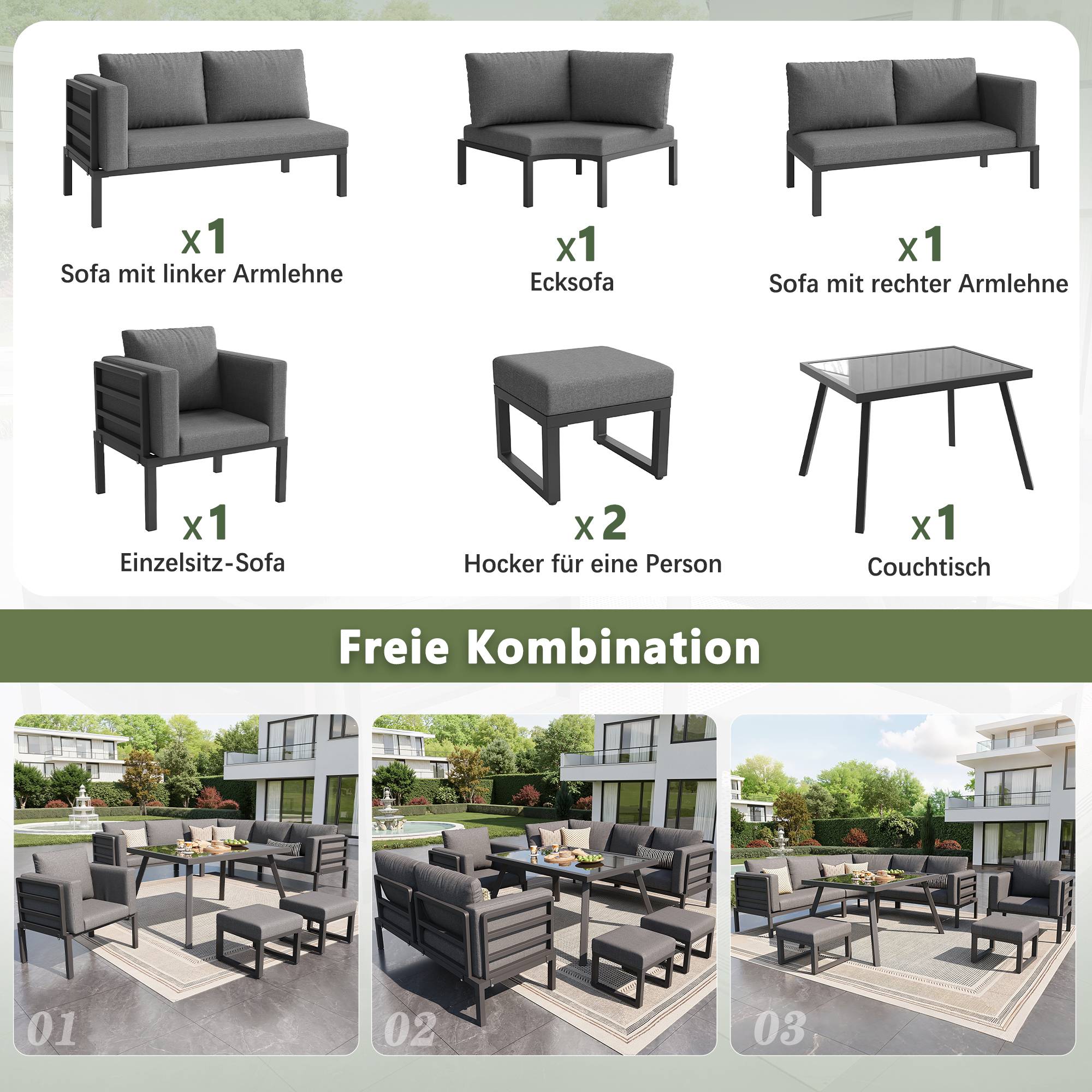 ComfortXL - Salon de Jardin 8 Places Acier Gris Terrasse Modulable Coussins 8cm - ComfortXL Outdoor Living - Image 6