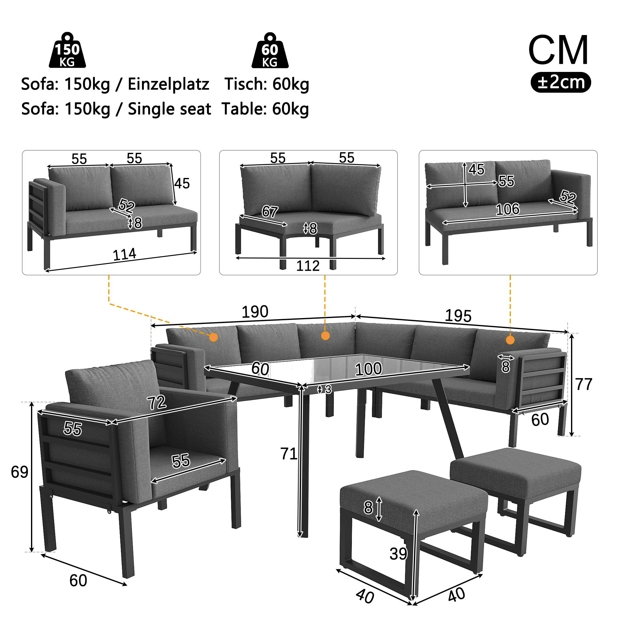 ComfortXL - Salon de Jardin 8 Places Acier Gris Terrasse Modulable Coussins 8cm - ComfortXL Outdoor Living - Image 3
