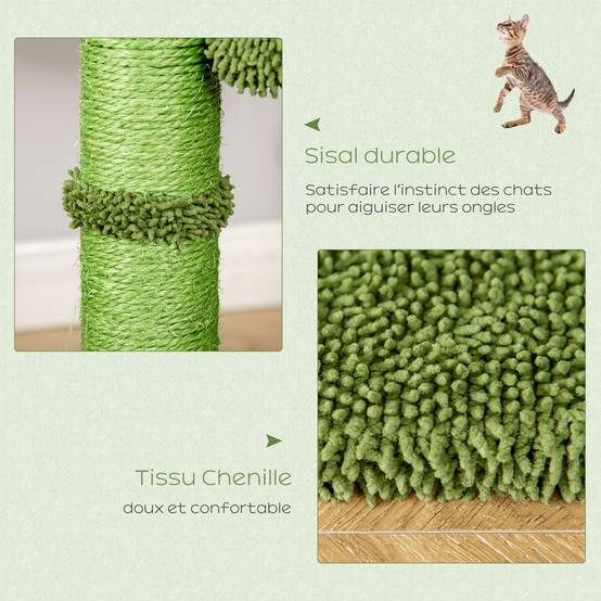 Pawhut - Arbre à chat griffoirs design cactus - hamac, 3 jouets pompons suspendus - panneaux peluche sisal vert - Image 6