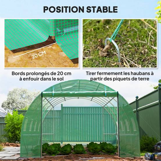 Outsunny - Serre de jardin tunnel 3x4x2m 12m² avec porte enroulable et 8 fenêtres en maille acier galvanisé PE 170g/m² résistant UV vert - Outsunny - Image 7