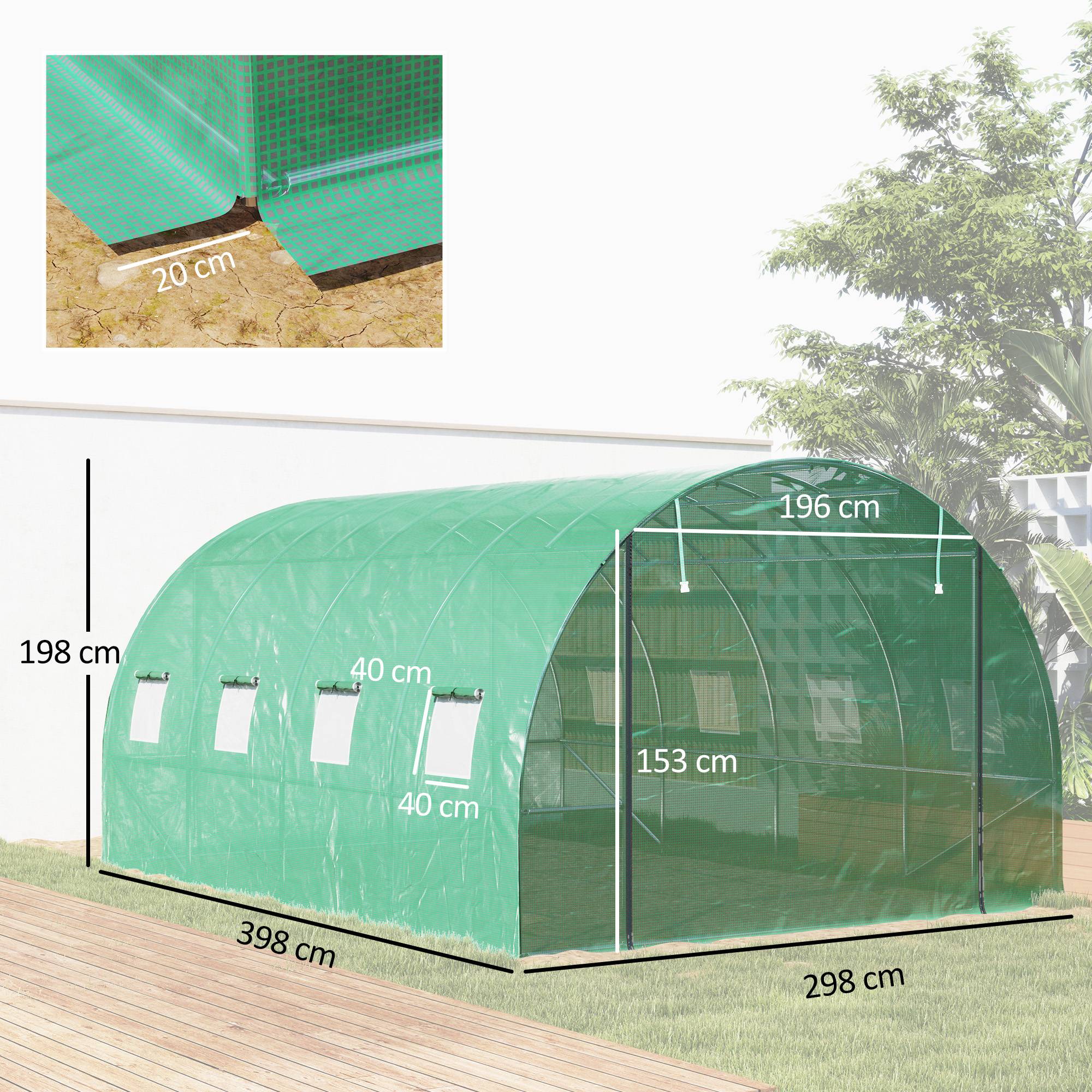Outsunny - Serre de jardin tunnel 3x4x2m 12m² avec porte enroulable et 8 fenêtres en maille acier galvanisé PE 170g/m² résistant UV vert - Outsunny - Image 3