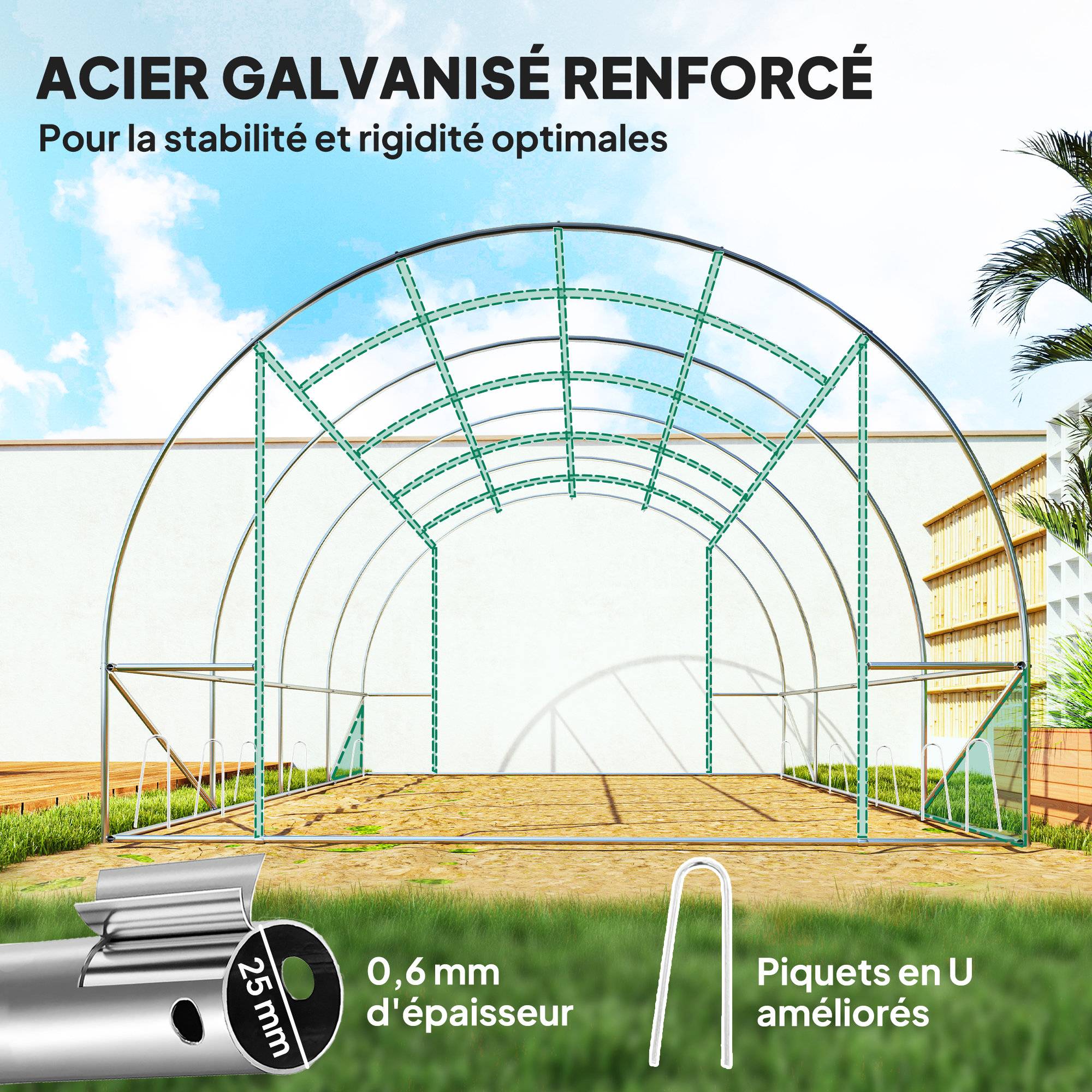 Outsunny - Serre de jardin tunnel 3x4x2m 12m² avec porte enroulable et 8 fenêtres en maille acier galvanisé PE 170g/m² résistant UV vert - Outsunny - Image 6