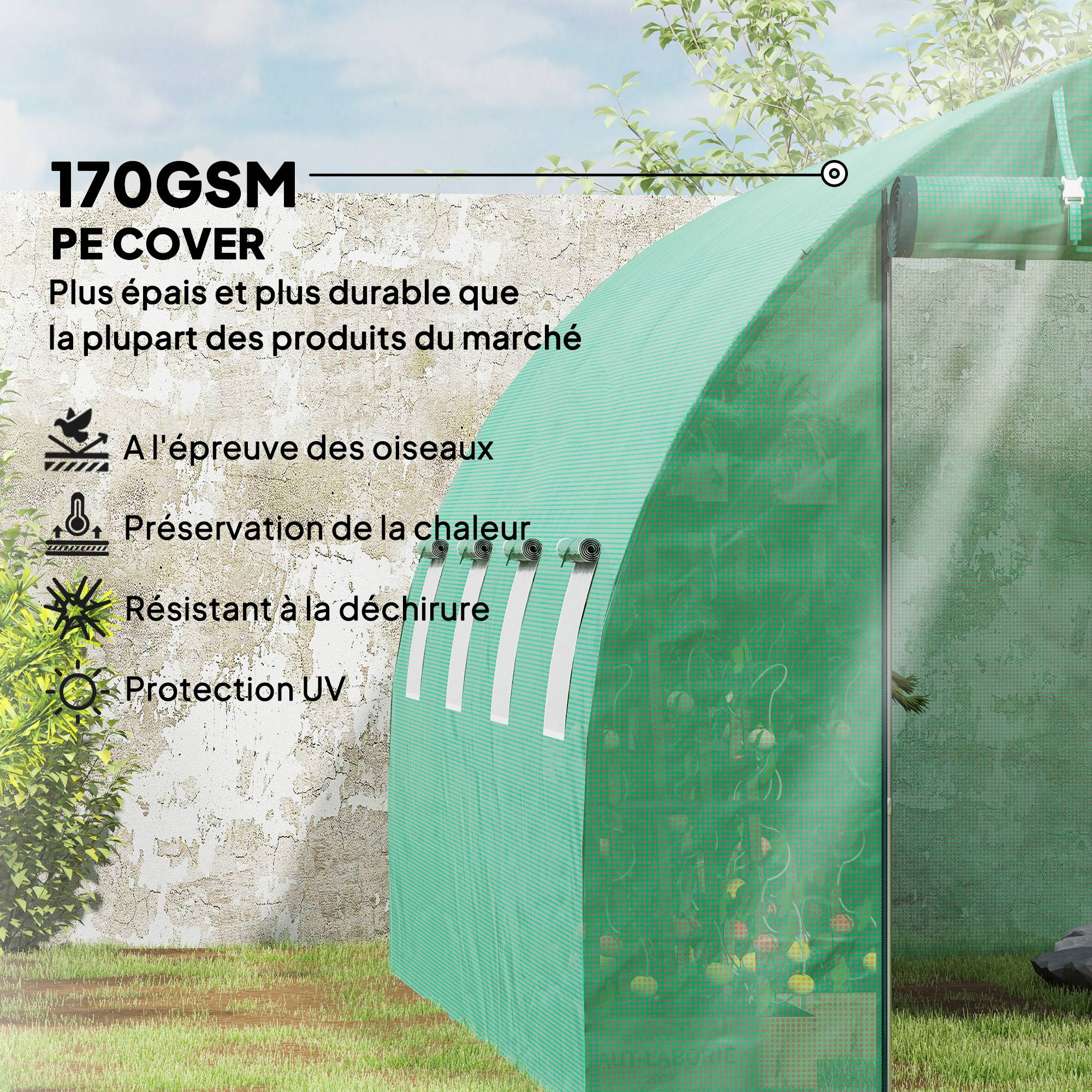 Outsunny - Serre de jardin tunnel 3x4x2m 12m² avec porte enroulable et 8 fenêtres en maille acier galvanisé PE 170g/m² résistant UV vert - Outsunny - Image 5