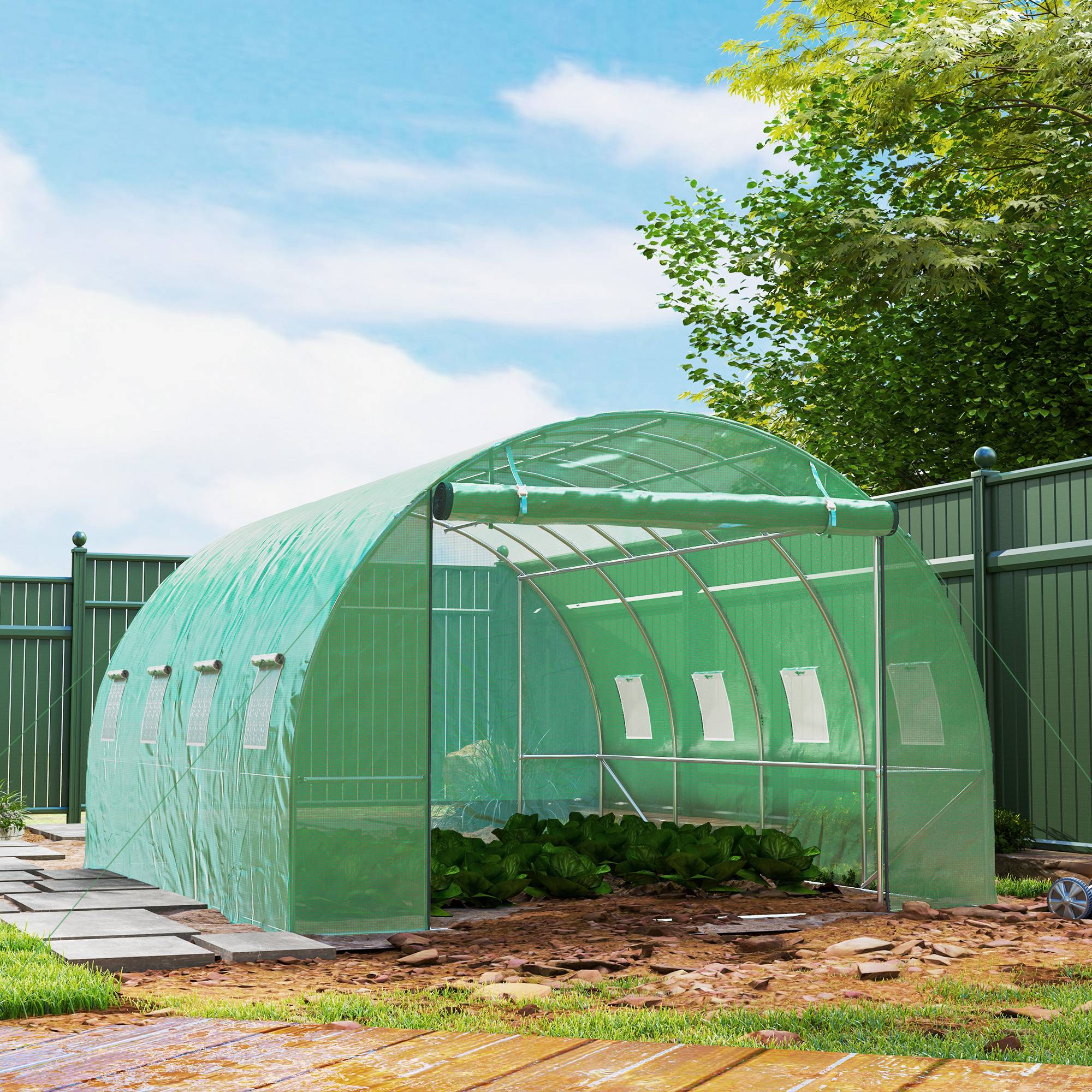 Outsunny - Serre de jardin tunnel 3x4x2m 12m² avec porte enroulable et 8 fenêtres en maille acier galvanisé PE 170g/m² résistant UV vert - Outsunny - Image 4