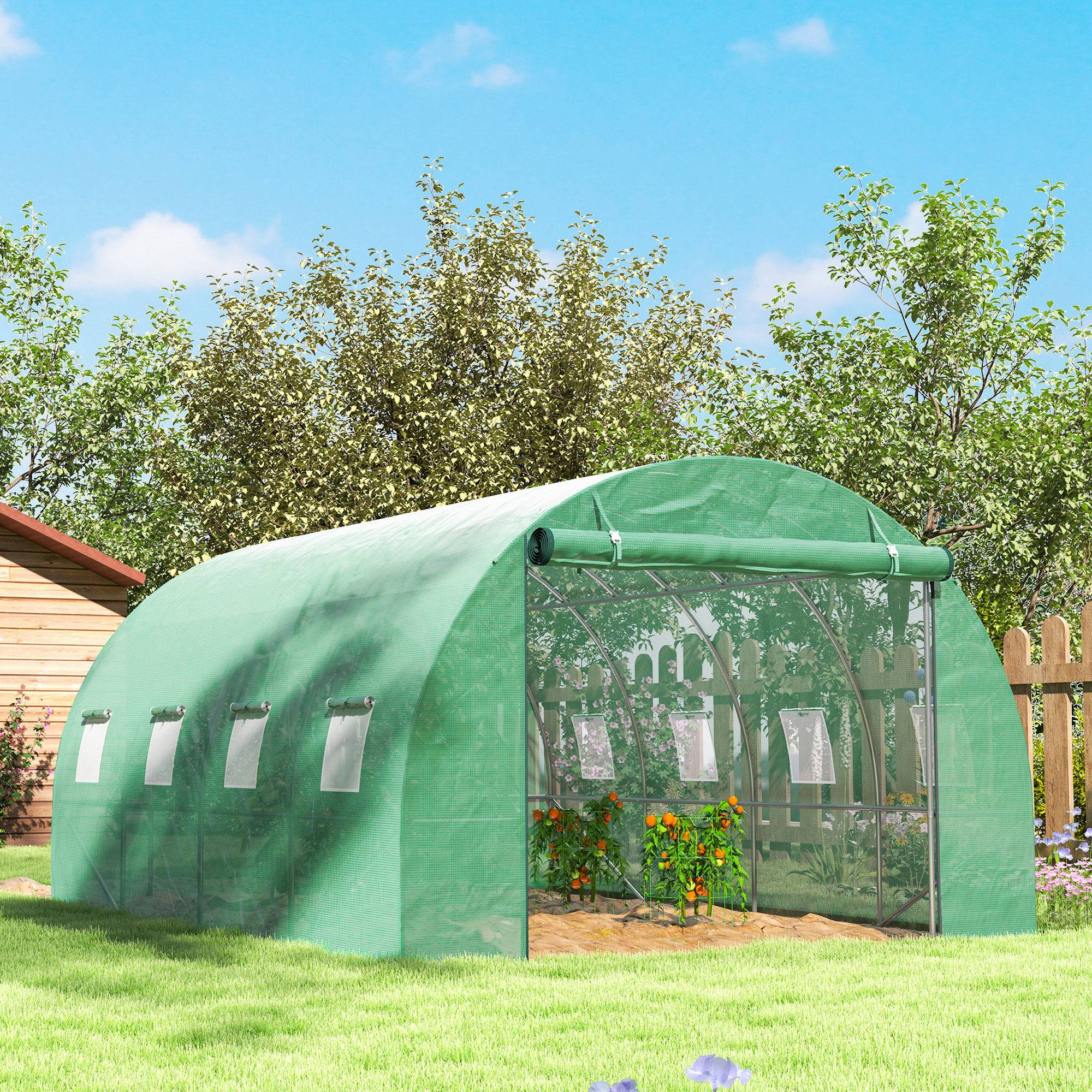 Outsunny - Serre de jardin tunnel 3x4x2m 12m² avec porte enroulable et 8 fenêtres en maille acier galvanisé PE 170g/m² résistant UV vert - Outsunny - Image 2