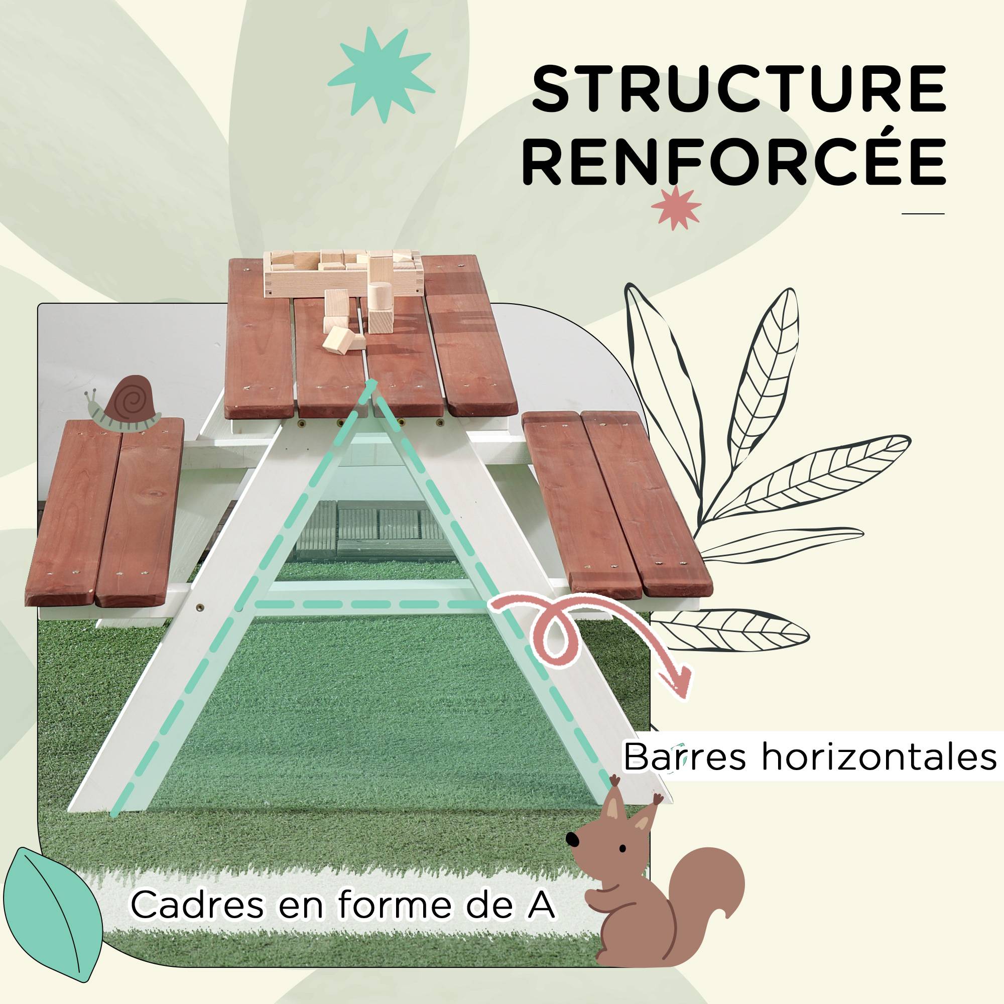 Outsunny - Table de pique-nique enfants avec 2 bancs intégrés pour jardin 89x79x50cm bois massif marron/blanc - Outsunny - Image 6