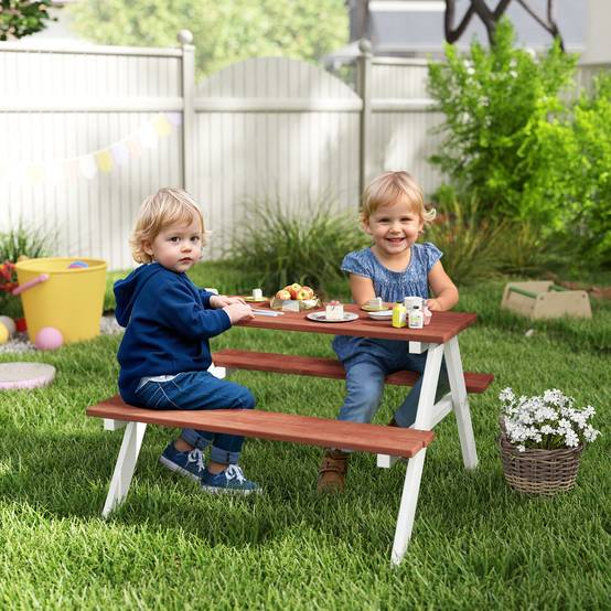 Outsunny - Table de pique-nique enfants avec 2 bancs intégrés pour jardin 89x79x50cm bois massif marron/blanc - Outsunny - Image 2
