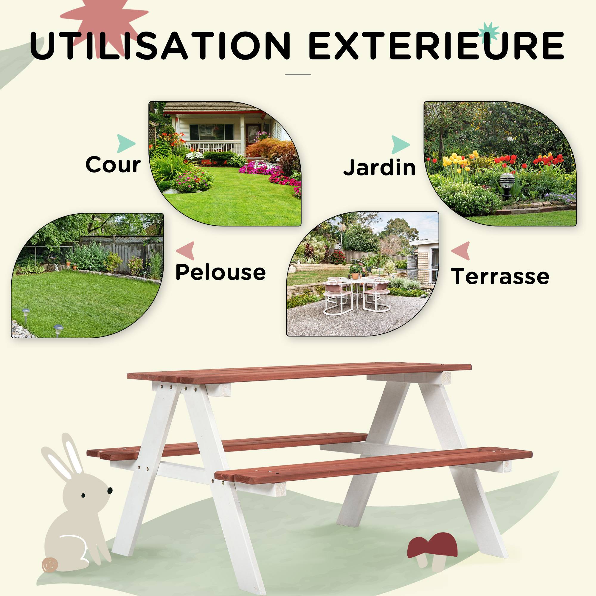 Outsunny - Table de pique-nique enfants avec 2 bancs intégrés pour jardin 89x79x50cm bois massif marron/blanc - Outsunny - Image 4