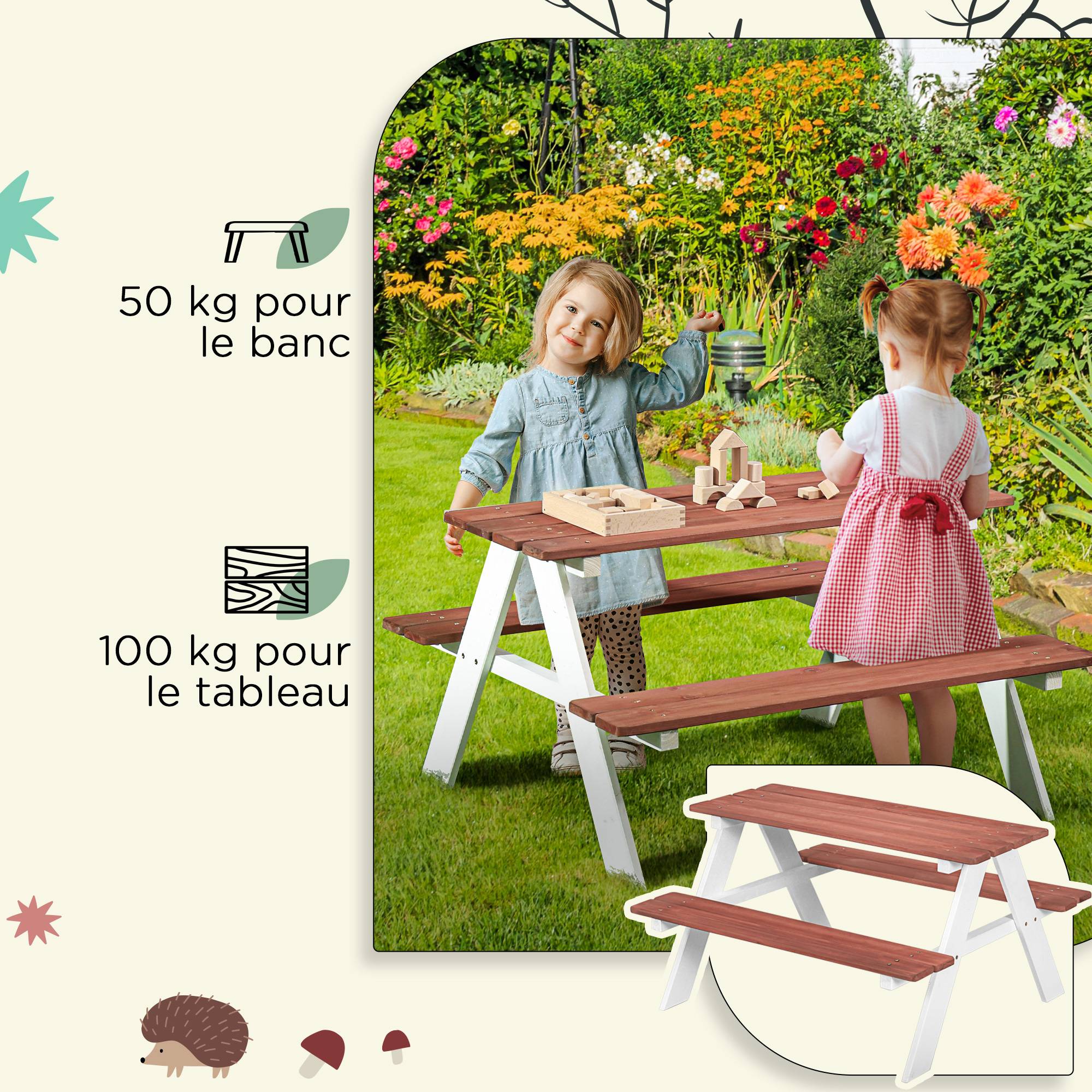 Outsunny - Table de pique-nique enfants avec 2 bancs intégrés pour jardin 89x79x50cm bois massif marron/blanc - Outsunny - Image 5