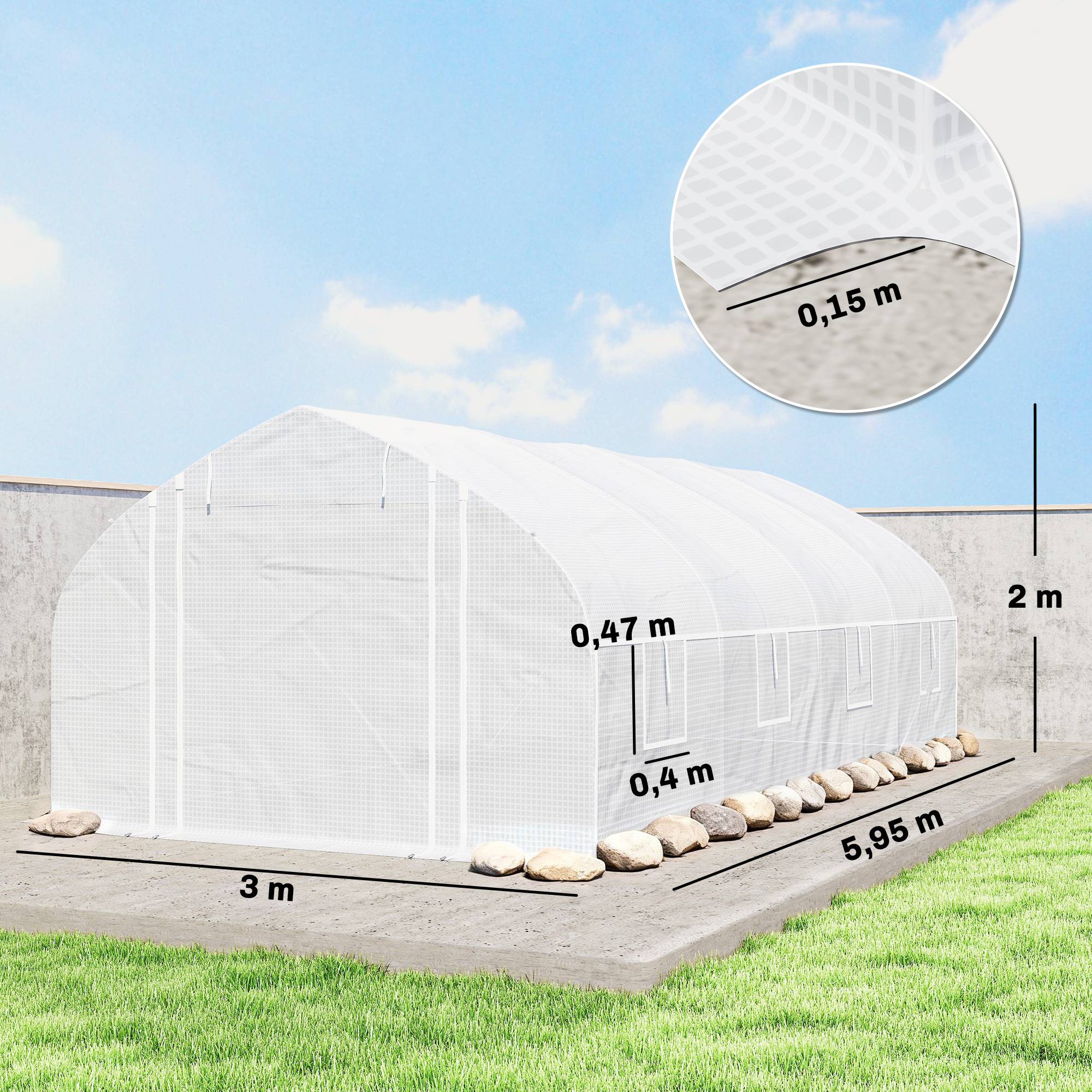 Sans Marque - Serre tunnel 6x3x2 m protection anti-UV porte enroulable zippée parois filet blanche - Image 5