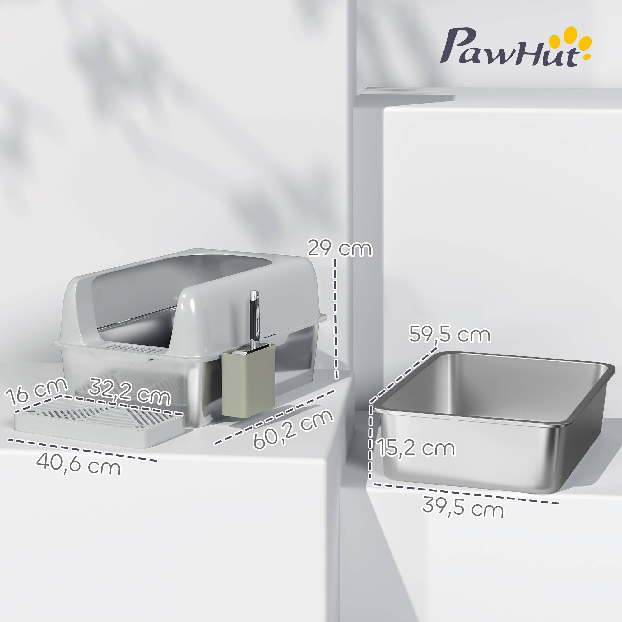 Bac à litière acier inoxydable gris 60.2 x 40.6 x 29 cm - PANGIVO - Image 5