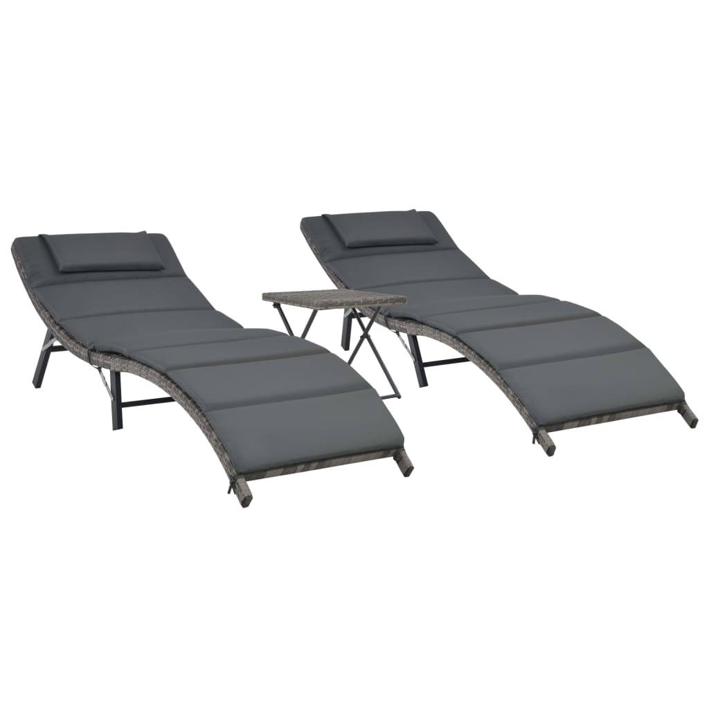 Helloshop26 - Ensemble de chaises longues pliables 3 pièces résine tressée gris - Imagen 1