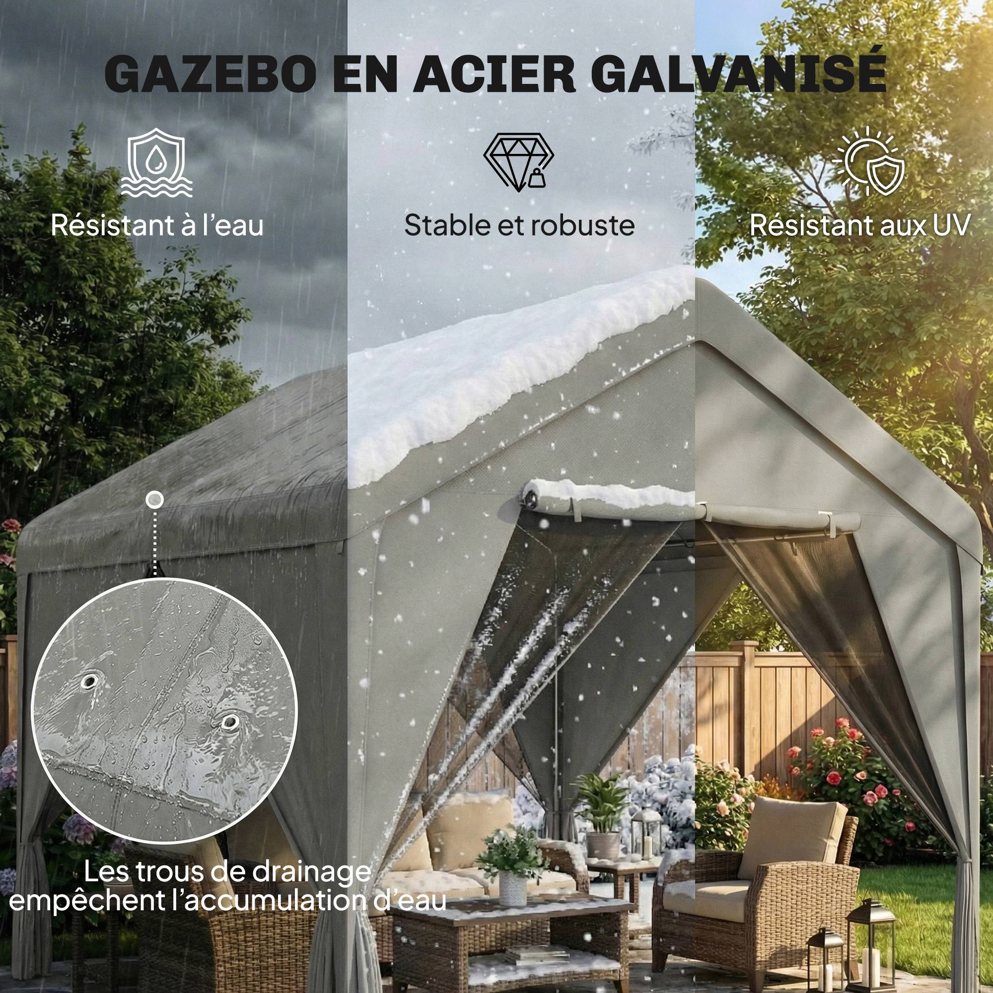 Tonnelle de jardin pavillon de jardin hydrofuge structure robuste en acier galvanisé avec toit double pente 3x3m gris - Image 6