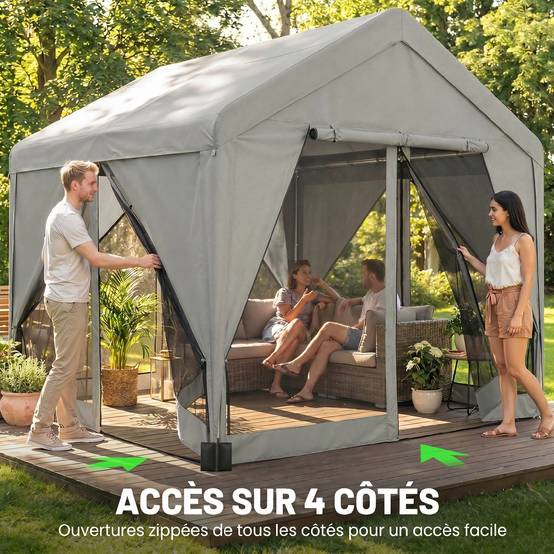 Tonnelle de jardin pavillon de jardin hydrofuge structure robuste en acier galvanisé avec toit double pente 3x3m gris - Image 8
