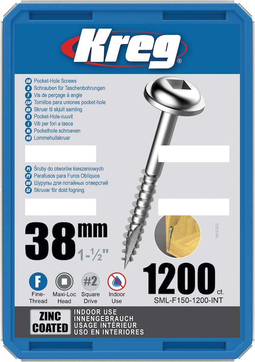 Vis à trous de poche 38 mm Revêtu de Zinc Maxi-Loc, Filetage fin, 1200 - KREG - SML-F150-1200-INT