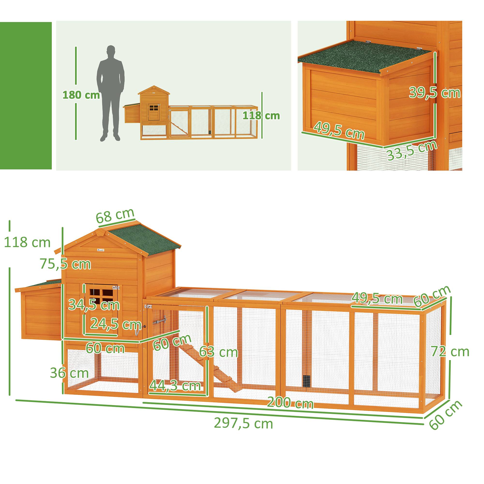 Grand poulailler bois extérieur 3 à 6 poules toit bitumé 297x68x118cm - ComfortXL Outdoor Living - Image 5