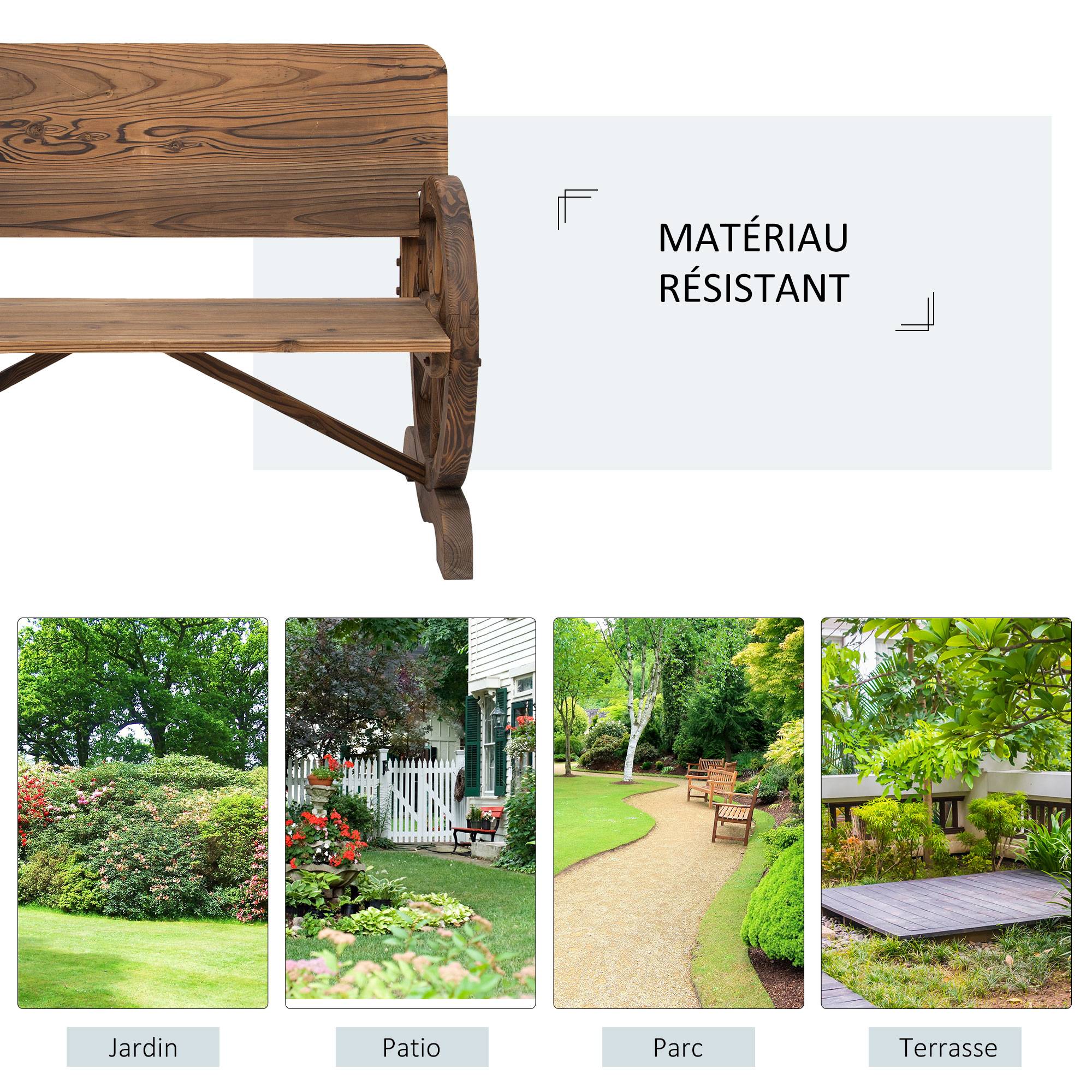 Outsunny - Banc de jardin 3 places style rustique chic accoudoirs roues de charette bois sapin traité carbonisation - Outsunny - Image 7
