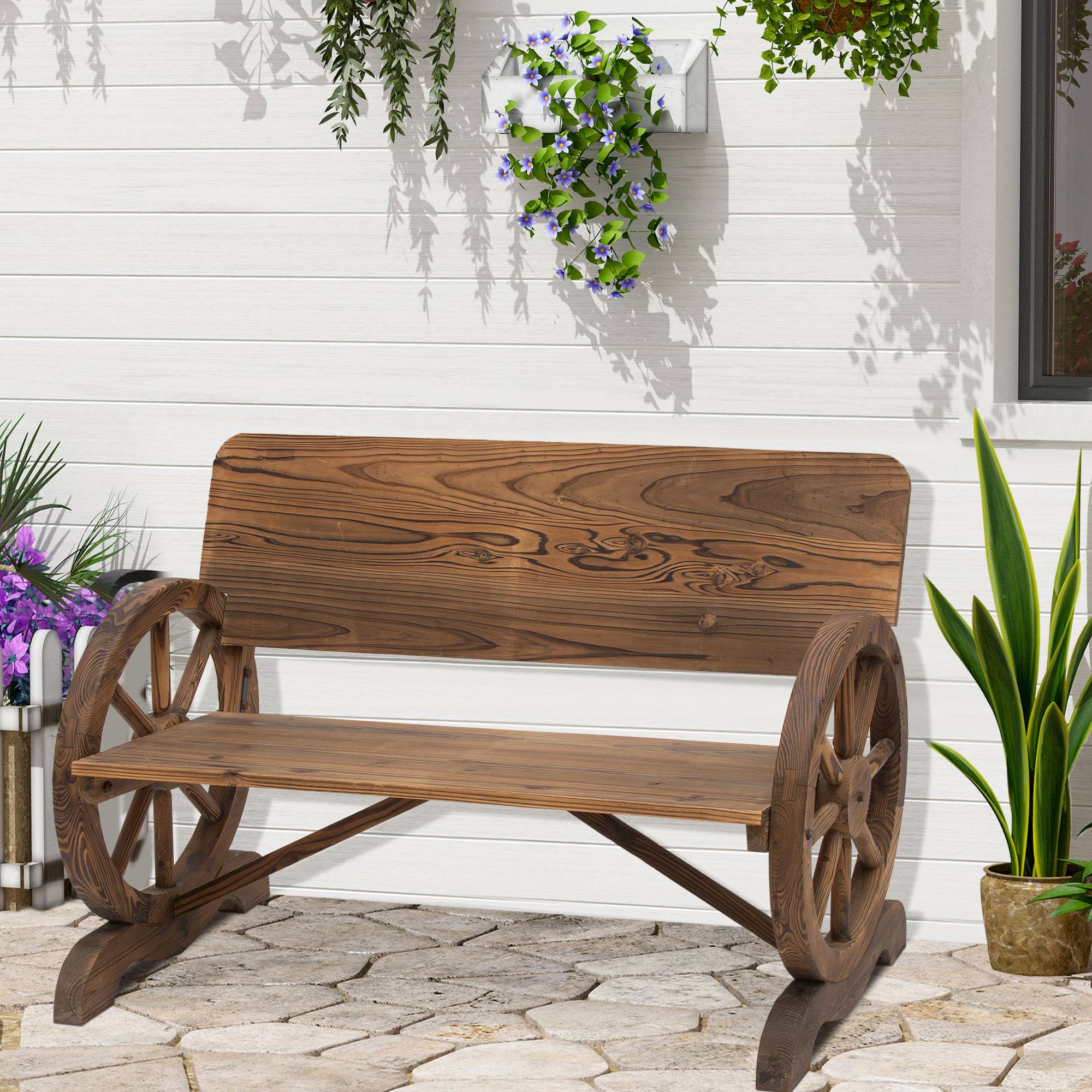 Outsunny - Banc de jardin 3 places style rustique chic accoudoirs roues de charette bois sapin traité carbonisation - Outsunny - Image 2