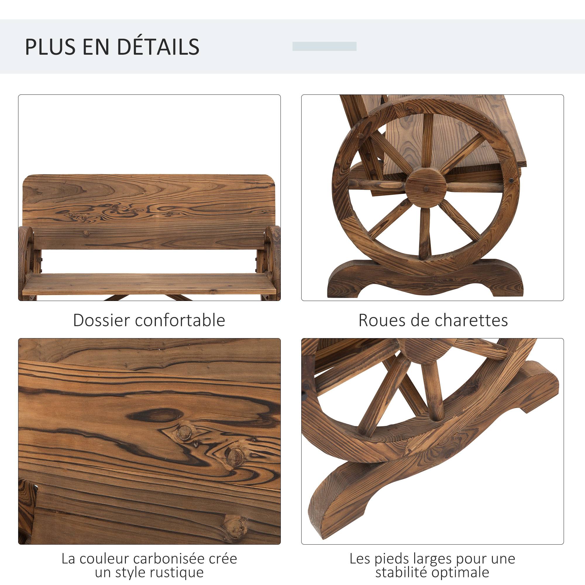 Outsunny - Banc de jardin 3 places style rustique chic accoudoirs roues de charette bois sapin traité carbonisation - Outsunny - Image 6