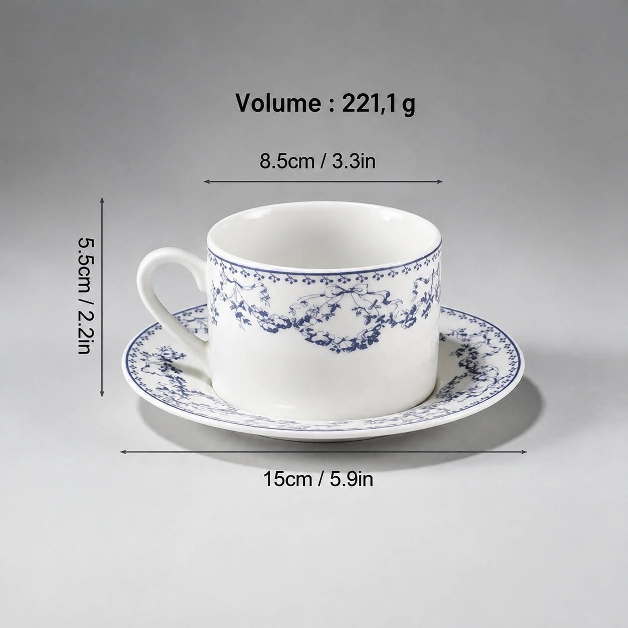 Tasse et Sous-tasse en Porcelaine Fine Motif Floral Bleu Vintage - Image 6
