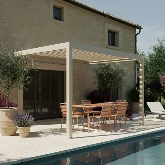 Oviala - Pergola bioclimatique adossée 3x4m en aluminium bois crème Oia - Oviala - Image 1