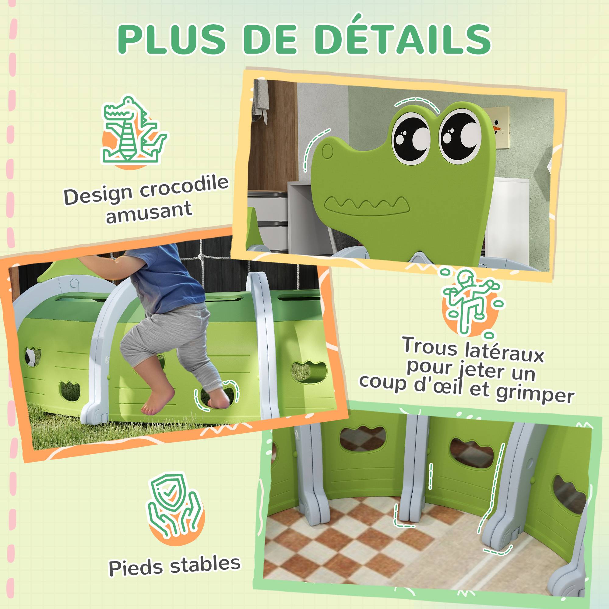 Tunnel enfant en forme de crocodile, modulable, tunnel de jeu pour enfants, enfants de 3 à 6 ans ramper et grimper, vert - Image 8