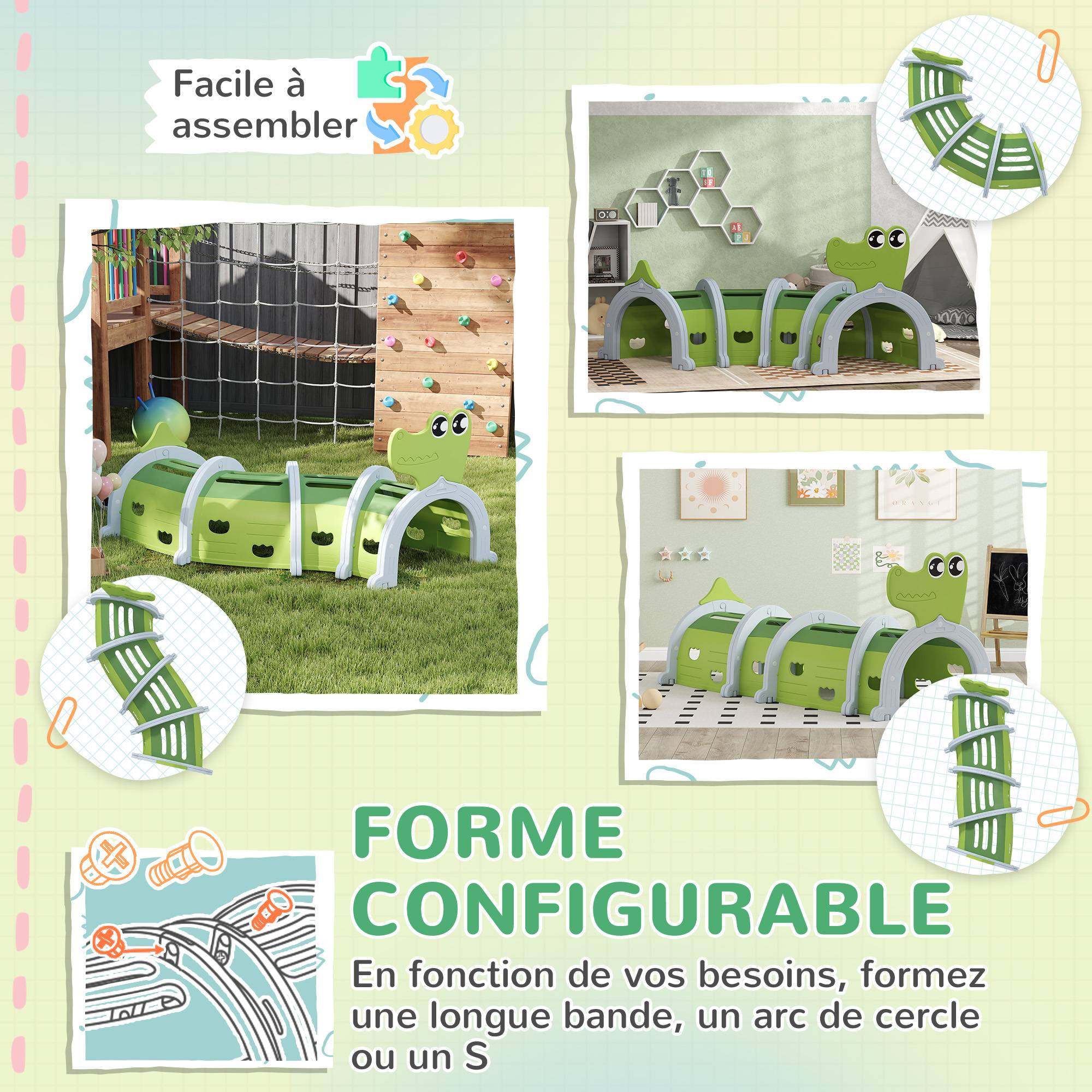 Tunnel enfant en forme de crocodile, modulable, tunnel de jeu pour enfants, enfants de 3 à 6 ans ramper et grimper, vert - Image 7