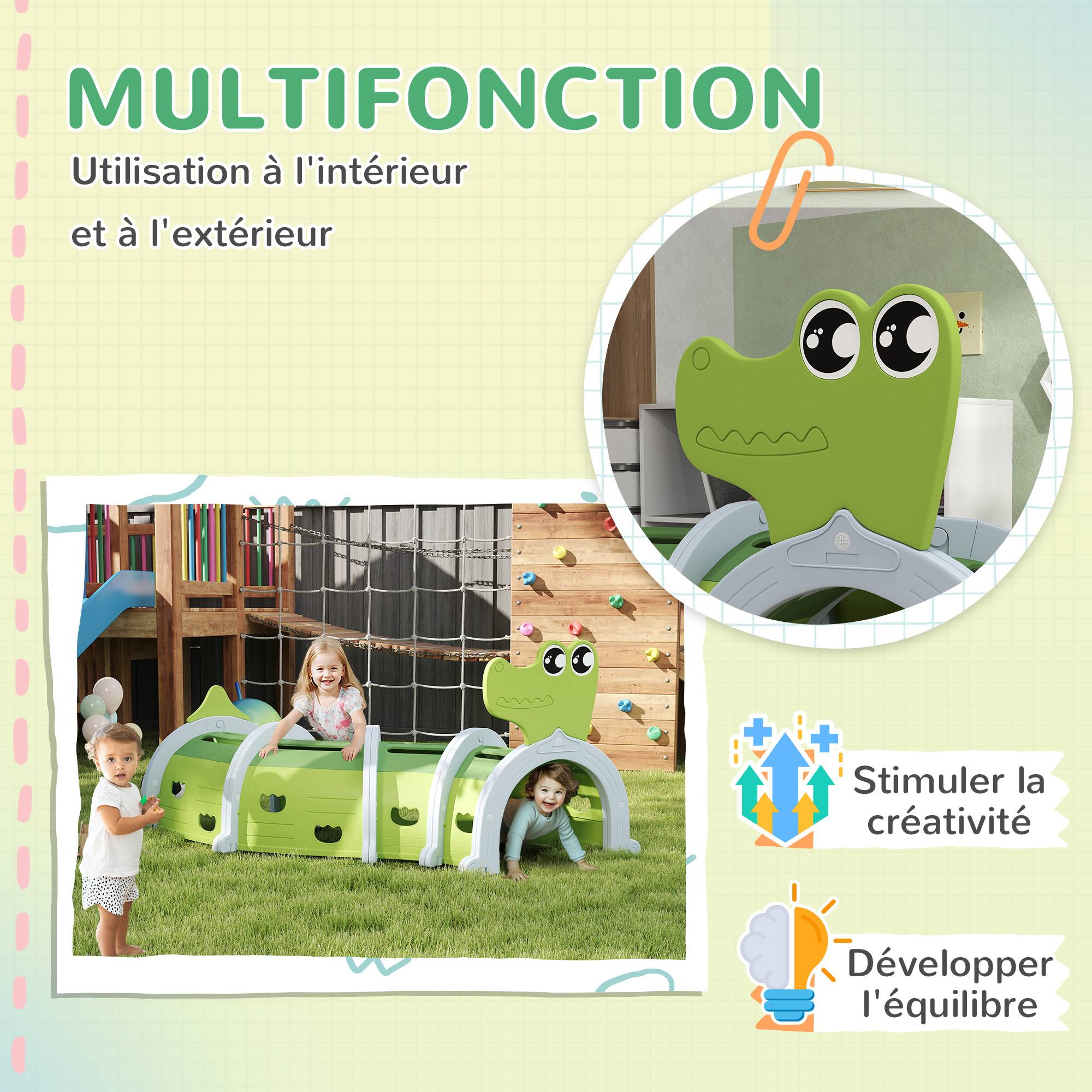 Tunnel enfant en forme de crocodile, modulable, tunnel de jeu pour enfants, enfants de 3 à 6 ans ramper et grimper, vert - Image 5