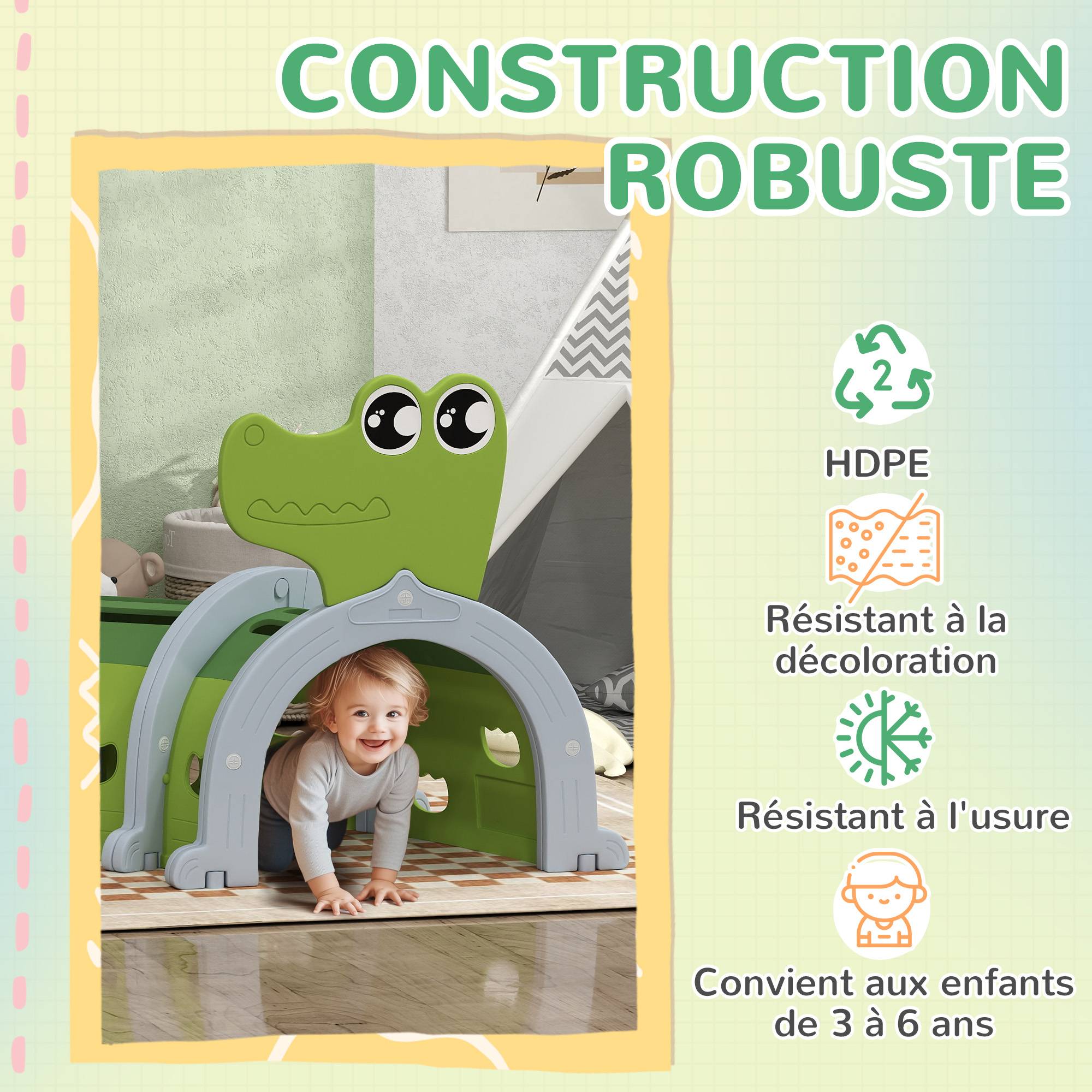 Tunnel enfant en forme de crocodile, modulable, tunnel de jeu pour enfants, enfants de 3 à 6 ans ramper et grimper, vert - Image 6