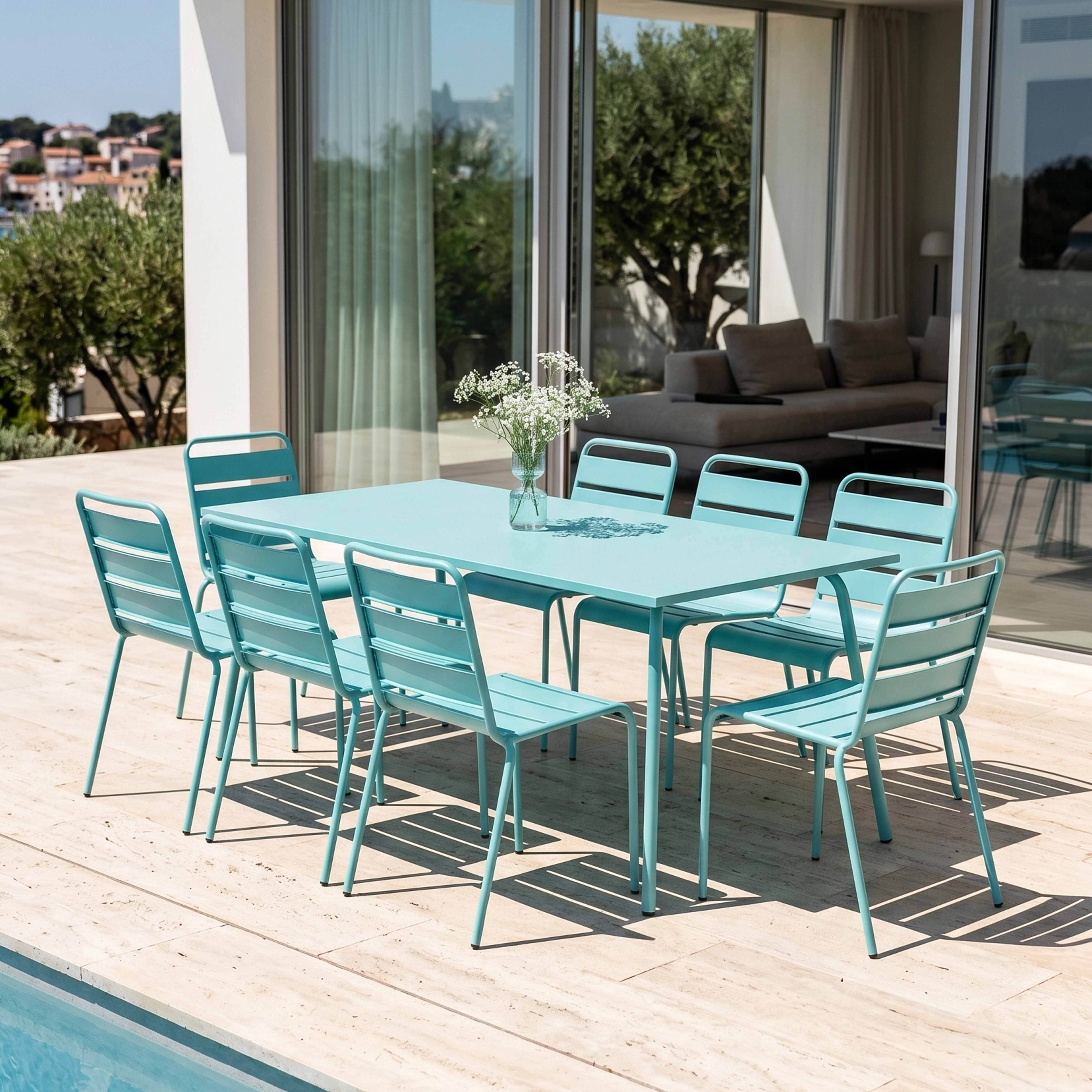 Oviala - Ensemble table de jardin et 8 chaises en métal turquoise Palavas - Oviala - Imagen 2